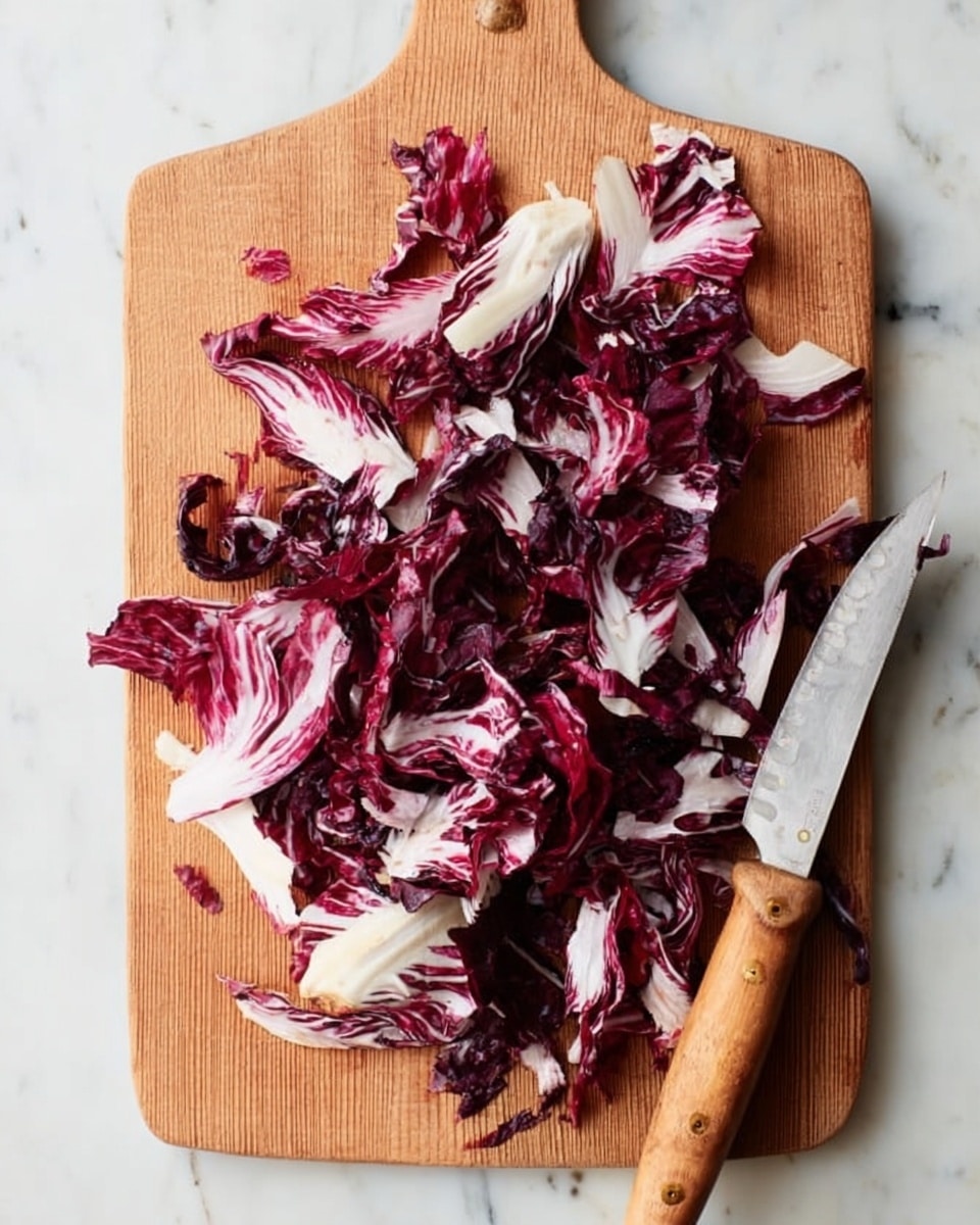 A wooden cutting board sits on a white marbled surface, covered with thin, uneven strips of radicchio leaves in deep red and white colors. The radicchio pieces show their natural curled and slightly wrinkled textures, creating a mix of smooth and jagged edges. A knife with a wooden handle is placed to the right side of the cutting board, its blade shiny and clean. The scene is simple and focused on the fresh, chopped radicchio ready for use in a recipe, photo taken with an iphone --ar 4:5 --v 7