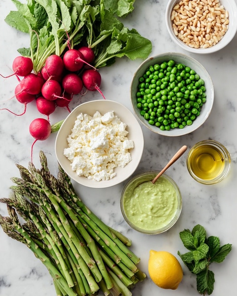 The image shows a top view of fresh ingredients arranged on a white marbled surface. On the left, there is a bunch of red radishes with green leaves, and below it, a large bundle of green asparagus. In the center, there are two white bowls: one filled with crumbled white cheese and the other with bright green peas. To the right of the cheese bowl, there is a small glass jar of light yellow oil, while to the right of the peas bowl, there is a clear glass bowl with a creamy light green sauce and a small wooden spoon resting inside. A whole yellow lemon is placed next to fresh green mint leaves at the bottom right corner. At the top right is a small white bowl containing light brown pine nuts. The photo taken with an iphone --ar 4:5 --v 7