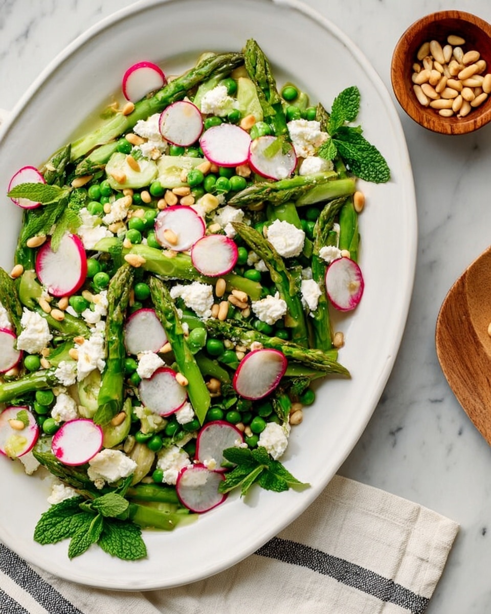 A white oval plate holds a colorful salad with three main layers: the bottom layer is bright green asparagus spears and peas, the middle layer shows soft white cheese crumbles spread evenly, and the top layer is thin, round slices of radish with their red edges visible and fresh green mint leaves placed around. Scattered pine nuts add a light tan color to the salad. The plate sits on a white marbled surface next to a small wooden bowl with more pine nuts and a white towel with black stripes is partly visible to the side. photo taken with an iphone --ar 4:5 --v 7