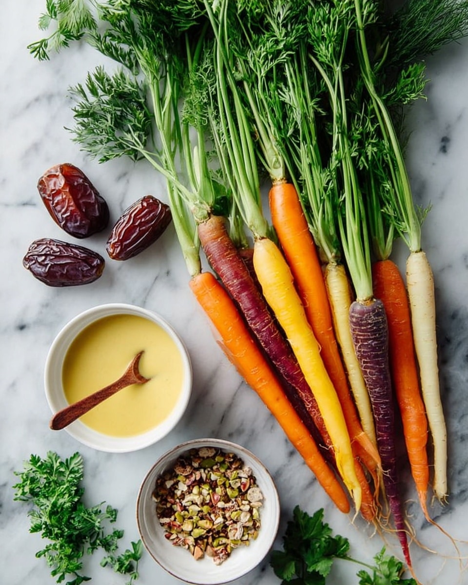 A flat lay image showing a bunch of fresh carrots with green tops in various bright colors including orange, yellow, purple, and white arranged on the right side on a white marbled surface. To the left, there are three dark brown dates placed near a white bowl filled with chopped nuts or seeds. Below that, a small white bowl contains a creamy light yellow sauce with a small wooden spoon resting in it. Fresh green herbs are scattered around the bottom and top left side of the image. The lighting is soft and natural, highlighting the freshness and texture of each item. Photo taken with an iphone --ar 4:5 --v 7