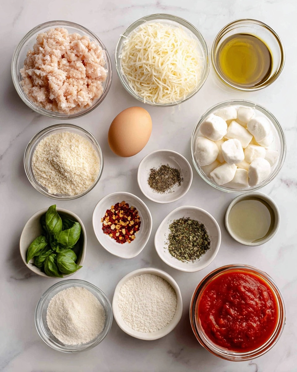 The image shows clear glass bowls and a jar arranged neatly on a white marbled surface, each filled with different ingredients for cooking. There is a bowl of finely ground chicken with a pale pink color in the top left corner, next to a bowl of shredded parmesan cheese that is light off-white. Beside it is a bowl of light tan panko breadcrumbs. Below, there is a brown egg in a bowl. Nearby are two small bowls with spices: one containing salt and black pepper mixed and another with a greenish sprinkle of dried oregano, followed by a bowl with dried parsley colored a muted green, and a small bowl of red pepper flakes with tiny pieces of red and orange. A bright white flour fills another bowl, while a larger bowl holds small, round pieces of white mozzarella. Shiny golden olive oil fills a bowl beside a jar of red marinara sauce with visible bits of tomatoes. Finally, fresh green basil leaves sit in a small bowl completing the arrangement. photo taken with an iphone --ar 4:5 --v 7