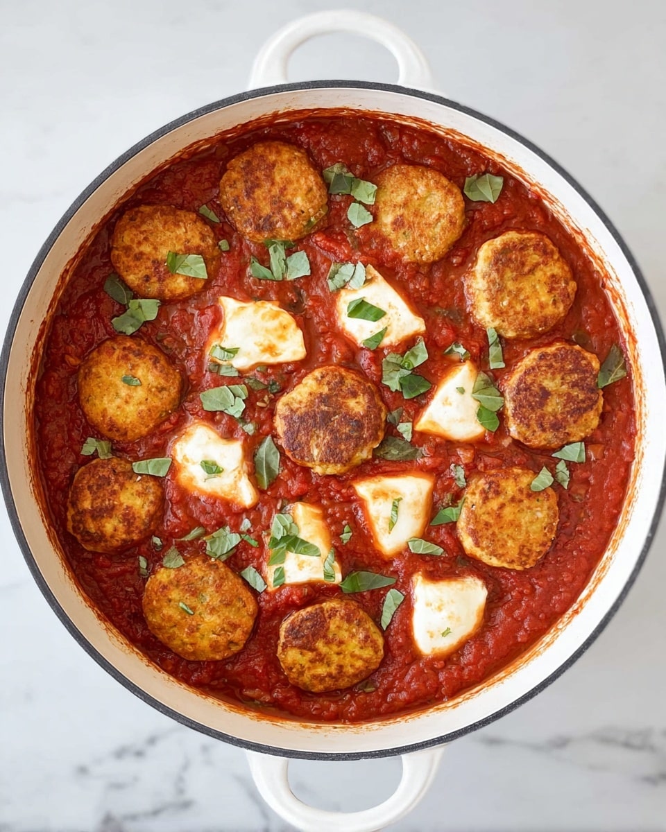 A white pot filled with a rich red tomato sauce as the base layer, topped with a single layer of golden-brown round patties spread evenly across the surface. Scattered between the patties are irregular soft white cheese pieces that look melted and creamy. Small fresh green basil leaves are sprinkled on top of everything, adding a fresh bright green contrast against the red sauce and golden patties. The pot sits on a white marbled surface. photo taken with an iphone --ar 4:5 --v 7