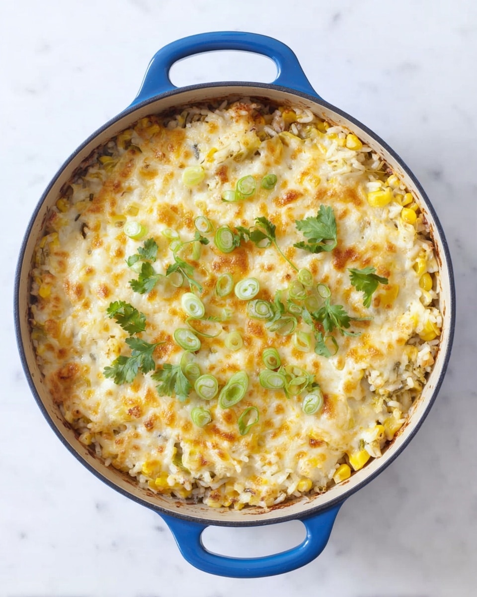 The image shows a round blue pot filled with a baked cheesy rice dish on a white marbled surface. The dish has a golden melted cheese layer on top, mixed with bits of yellow corn and small pieces of white rice visible underneath. There are green herb leaves and thinly sliced green onions scattered on the cheese layer, adding a fresh pop of color. The cheese has uneven golden brown spots indicating it was baked. The pot has two handles on opposite sides, and the scene is lit evenly to show the dish clearly. Photo taken with an iphone --ar 4:5 --v 7