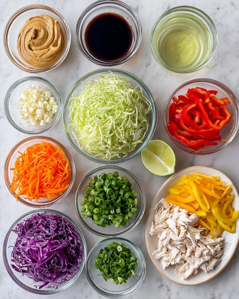 The image shows small clear glass bowls arranged on a white marbled surface, each filled with a different colorful ingredient. Starting from the top left, there is a bowl of light beige peanut butter, next to it a dark brown soy sauce bowl, and beside that a bowl of lime juice which is almost clear with a slight yellow tint. Below the vinegar is a bowl of finely chopped white garlic. Moving clockwise, there is a larger bowl filled with finely shredded light green Napa cabbage and next to it a bowl of bright orange shredded carrot. Below the carrot is a bowl filled with small chopped green onion pieces. At the bottom right corner, there is a larger bowl with shredded white chicken. Above it is a bowl of thinly sliced red bell pepper strips and in the center a bowl of thin yellow bell pepper strips. On the left side, there is a bowl filled with purple shredded red cabbage and a plate with thin slices of green avocado. Between the avocado and shredded chicken bowls, there are two smaller bowls with chopped fresh green herbs: basil and cilantro. All the ingredients are fresh and neatly arranged. photo taken with an iphone --ar 4:5 --v 7