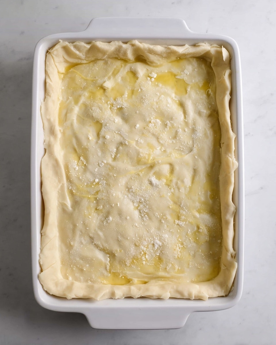 A white rectangular baking dish holds an unbaked pie with two layers of dough. The bottom dough layer is covered by a top dough layer that is pale yellow with a shiny, smooth texture, showing small patches of flaky flour sprinkled on it. The edges of the top dough are folded over the sides, forming a thick border. The surface inside the dish looks soft and slightly uneven with gentle folds and a few small slits. This is all set on a white marbled surface. photo taken with an iphone --ar 4:5 --v 7