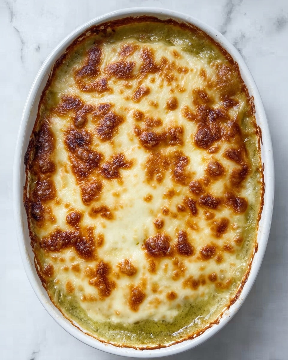 The dish is a baked casserole in a white oval baking dish. It has a thick top layer of melted cheese that is golden brown and bubbly, with some darker toasted spots spread unevenly over the surface. Below the cheese layer, there is a smooth, light green sauce that is visible near the edges of the dish. The texture of the top looks slightly crispy while the edges show bubbly sauce peeking through. The casserole sits on a white marbled surface. photo taken with an iphone --ar 4:5 --v 7