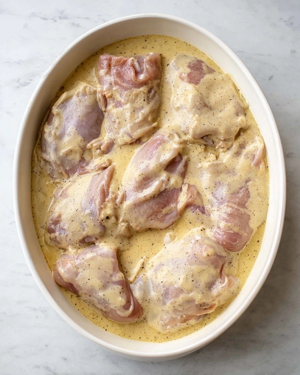 This image shows a white oval dish filled with several pieces of uncooked chicken thighs, each covered in a thick, light yellow creamy sauce. The chicken pieces are spread to cover the bottom of the dish with some overlapping, and the sauce surrounds and partially covers the chicken with a smooth texture and small specks of black pepper. The dish is placed on a white marbled surface that adds a clean and bright contrast to the creamy tones of the sauce and the pinkish hues of the raw chicken skin. photo taken with an iphone --ar 4:5 --v 7