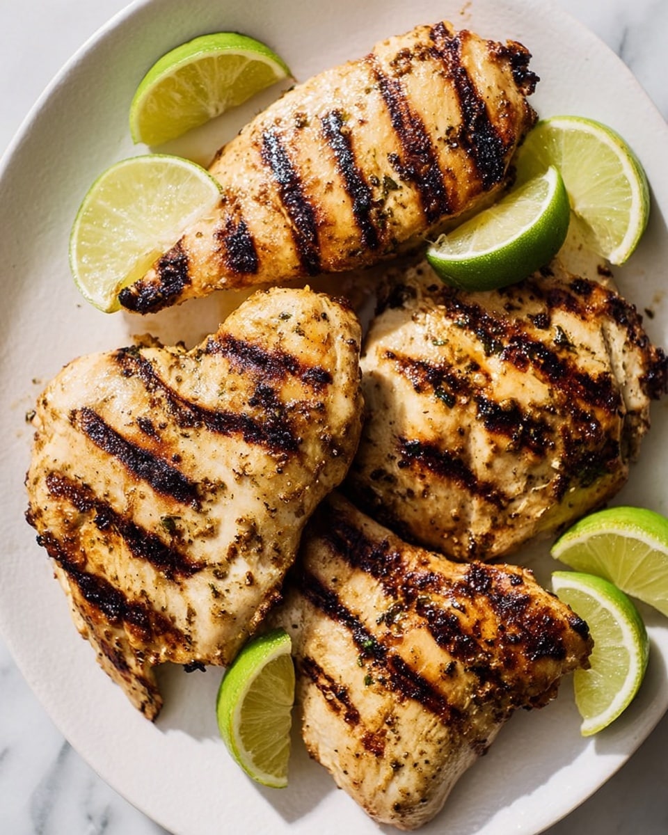 Four pieces of grilled chicken with visible char marks cover most of a white plate, arranged closely together. The chicken is golden brown with darker grill lines and some spots showing a slightly crisp texture. Around the chicken pieces, there are four lime wedges with bright green skin and pale green juicy flesh nestled on top and beside the chicken. The plate sits against a white marbled surface, giving the whole image a fresh and clean look. photo taken with an iphone --ar 4:5 --v 7