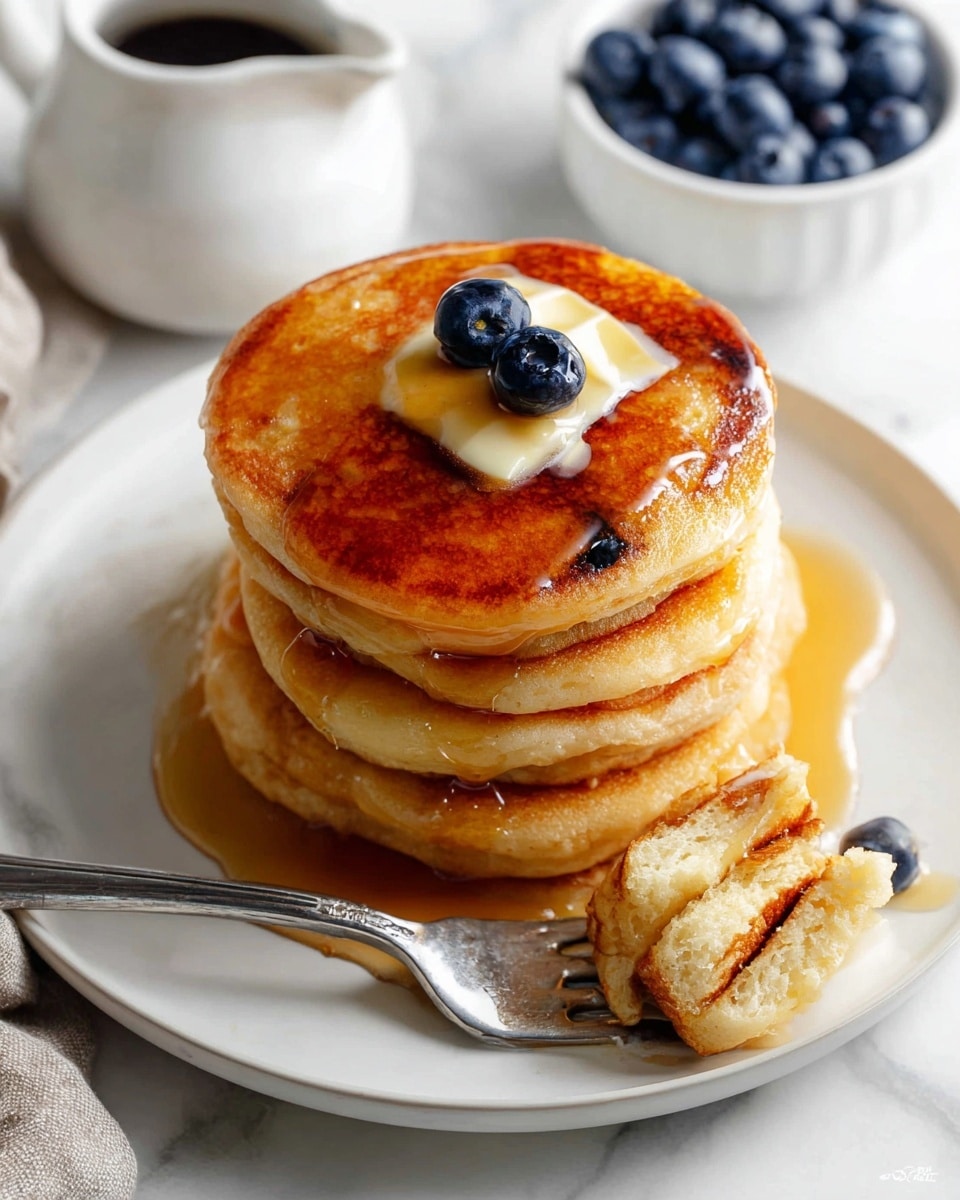 A stack of five golden-brown pancakes sits on a white plate on a white marbled surface, with melted butter melting on the top pancake and a single blueberry placed on the butter. A drizzle of syrup covers the top pancake and pools slightly around the base of the stack. A fork holding three small pieces of pancake is positioned on the plate next to the stack. In the background, a white bowl filled with fresh blueberries and a white jug with syrup are partially visible. photo taken with an iphone --ar 4:5 --v 7