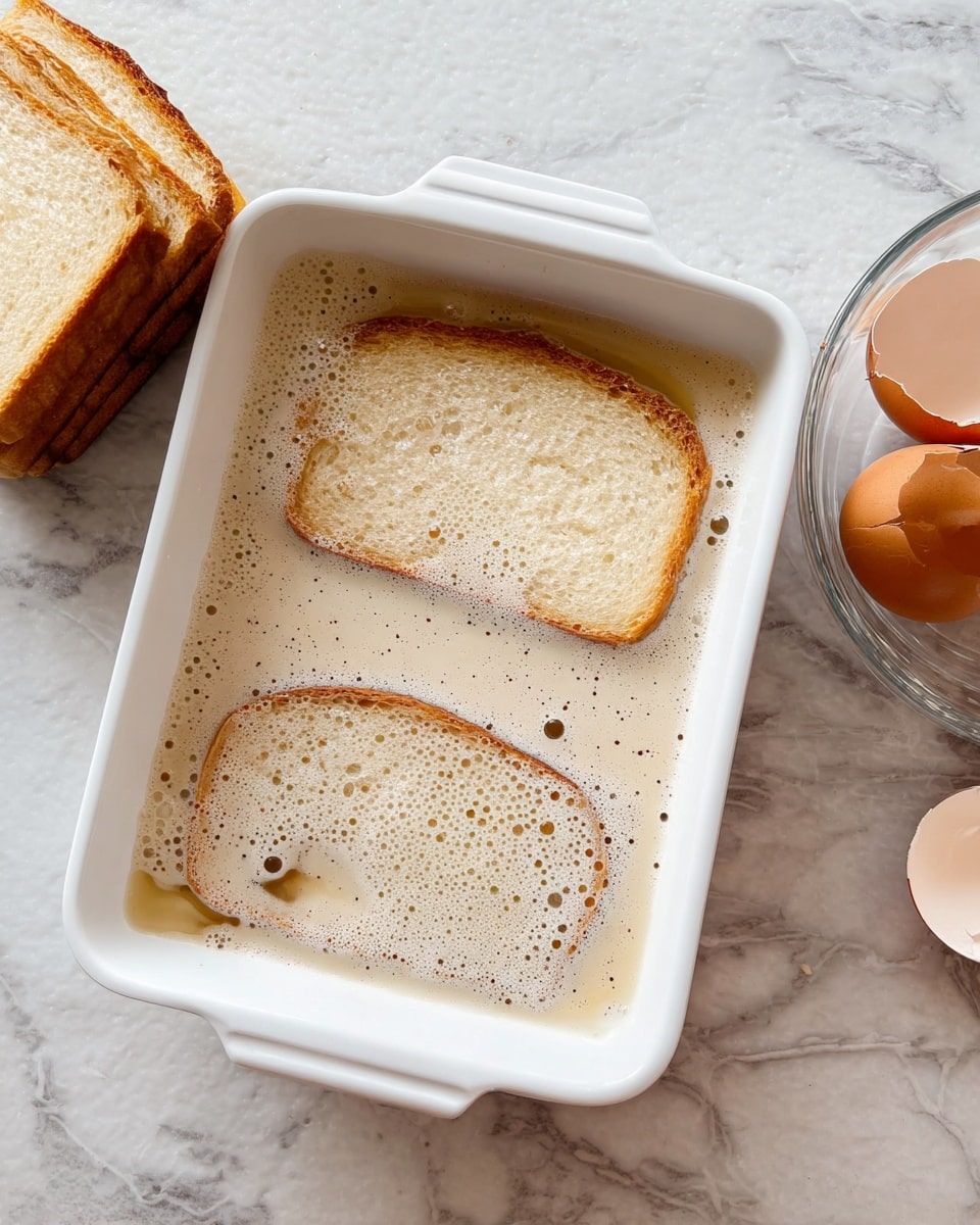 A white rectangular dish contains two slices of bread soaking in a light beige, bubbly liquid, fully covering the bread and showing small air bubbles on the surface; to the left of the dish, there is a stack of more bread slices with a golden brown crust, and to the right, a clear measuring cup holds some brown eggshells on a white marbled surface. photo taken with an iphone --ar 4:5 --v 7