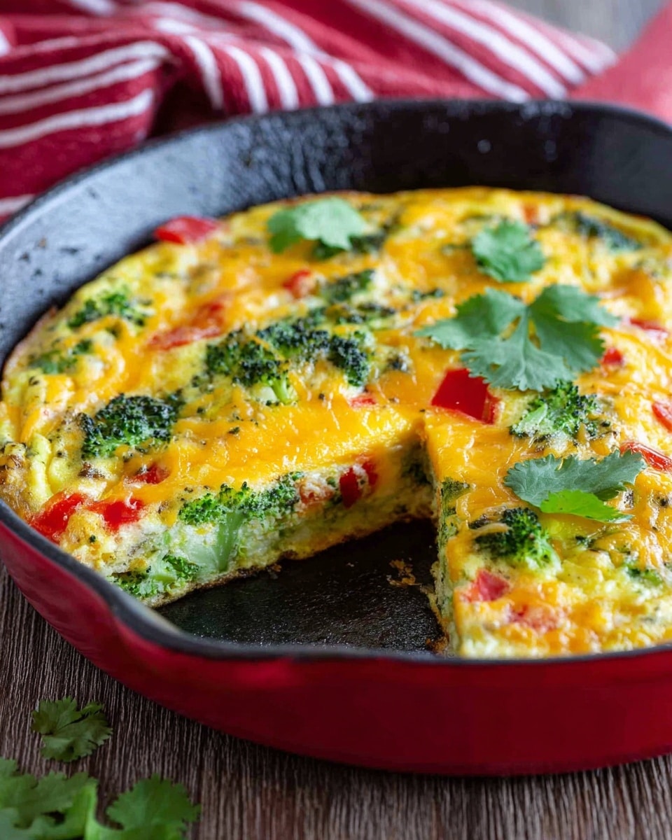 The image shows a cooked broccoli and cheese frittata served in a red cast-iron skillet placed on a wooden surface with a red and white striped cloth partially visible in the background. The frittata has a golden yellow egg base with visible pieces of green broccoli florets and small red bell pepper chunks spread throughout. There is a layer of melted cheddar cheese on top that adds a slightly shiny and textured look. Fresh green cilantro leaves are placed on the surface as garnish. A slice has been taken out from the frittata, exposing a thick, soft interior filled with the vegetables and cheese. The photo taken with an iphone --ar 4:5 --v 7