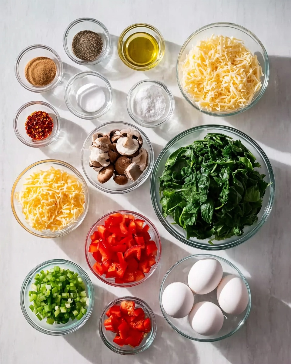 The image shows a top view of various clear glass bowls arranged neatly on a white marbled surface, each filled with different ingredients for cooking. Starting from the top left, there is a small bowl of brown spice, followed by light yellow powder, grated white cheese, salt, and black pepper in small bowls lined up in one row. Below them are olive oil in a small bowl on the far left, red chili flakes, shredded yellow cheese, and a large bowl filled with chopped green spinach leaves on the right. Near the bottom, a medium bowl holds three white eggs, while smaller bowls around it contain diced red bell peppers, sliced brown mushrooms, more diced tomatoes, and chopped green onions. The ingredients are colorful and fresh, clearly separated by ingredient type, perfect for a cooking setup photo taken with an iphone --ar 4:5 --v 7
