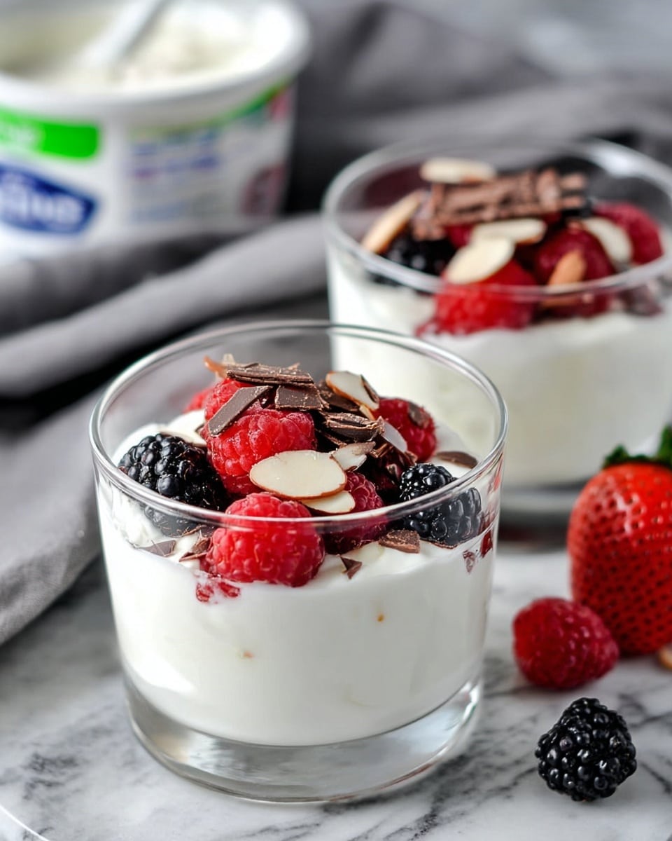 The image shows two clear glass cups filled with a dessert placed on a white marbled surface. Each cup has two layers: the bottom has thick white creamy yogurt, and the top is covered with a mix of fresh berries including red raspberries, blackberries, and sliced strawberries. There are thin almond slices and dark chocolate shavings sprinkled over the berries. In the background, there is a blurred container of yogurt and a grey cloth. The photo was taken with an iphone --ar 4:5 --v 7