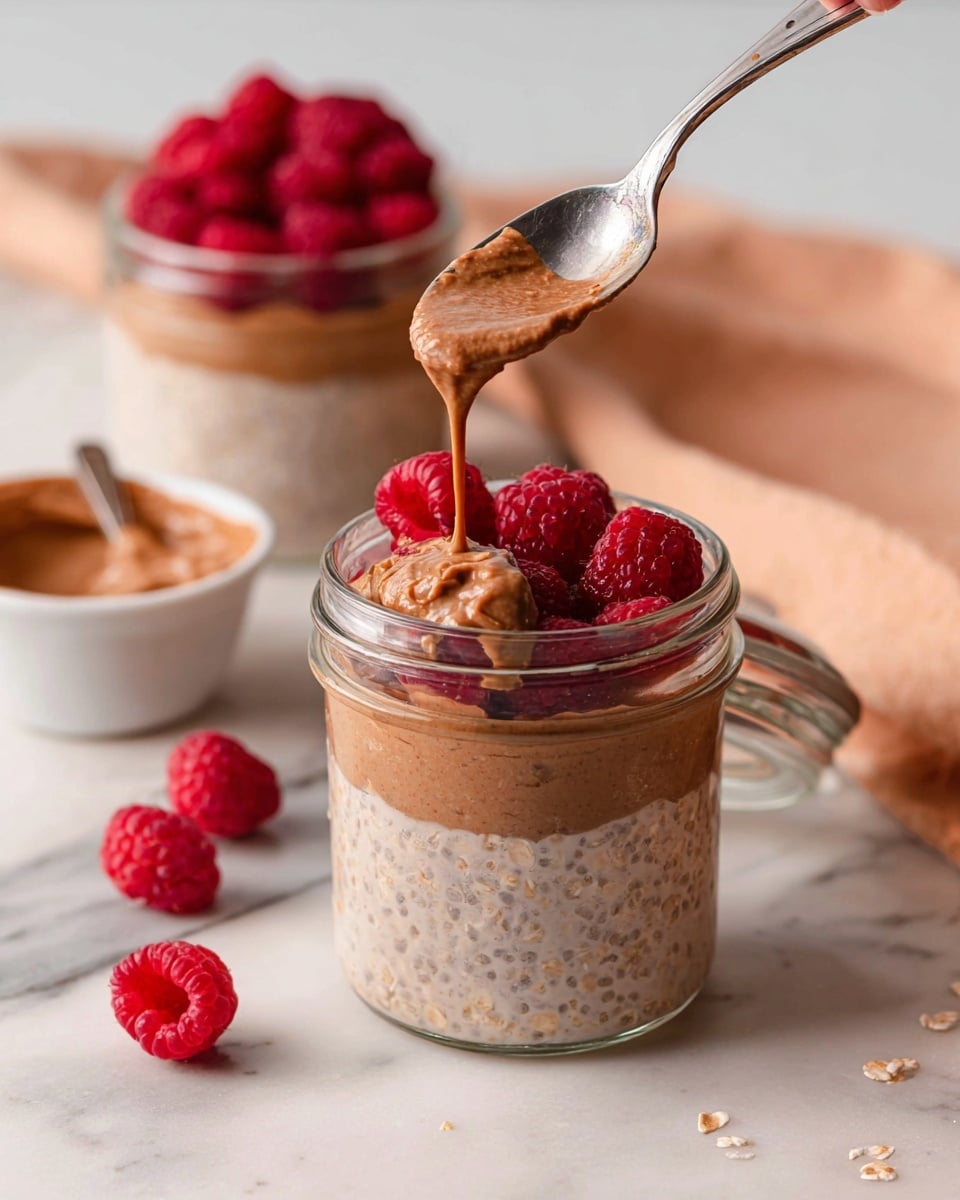 A clear glass jar on a white marbled surface holds three main layers: a bottom layer of creamy beige chia pudding with visible small black chia seeds, a thick middle layer of light brown nut butter, and a top layer of fresh bright red raspberries. Above the jar, a spoon with more light brown nut butter is held over the raspberries, with a dollop of nut butter on the spoon. In the background, there is another jar filled with the same ingredients and topped with raspberries, and a small white bowl filled with nut butter. Some loose raspberries are scattered around the jar, and a soft peach cloth is placed nearby. photo taken with an iphone --ar 4:5 --v 7