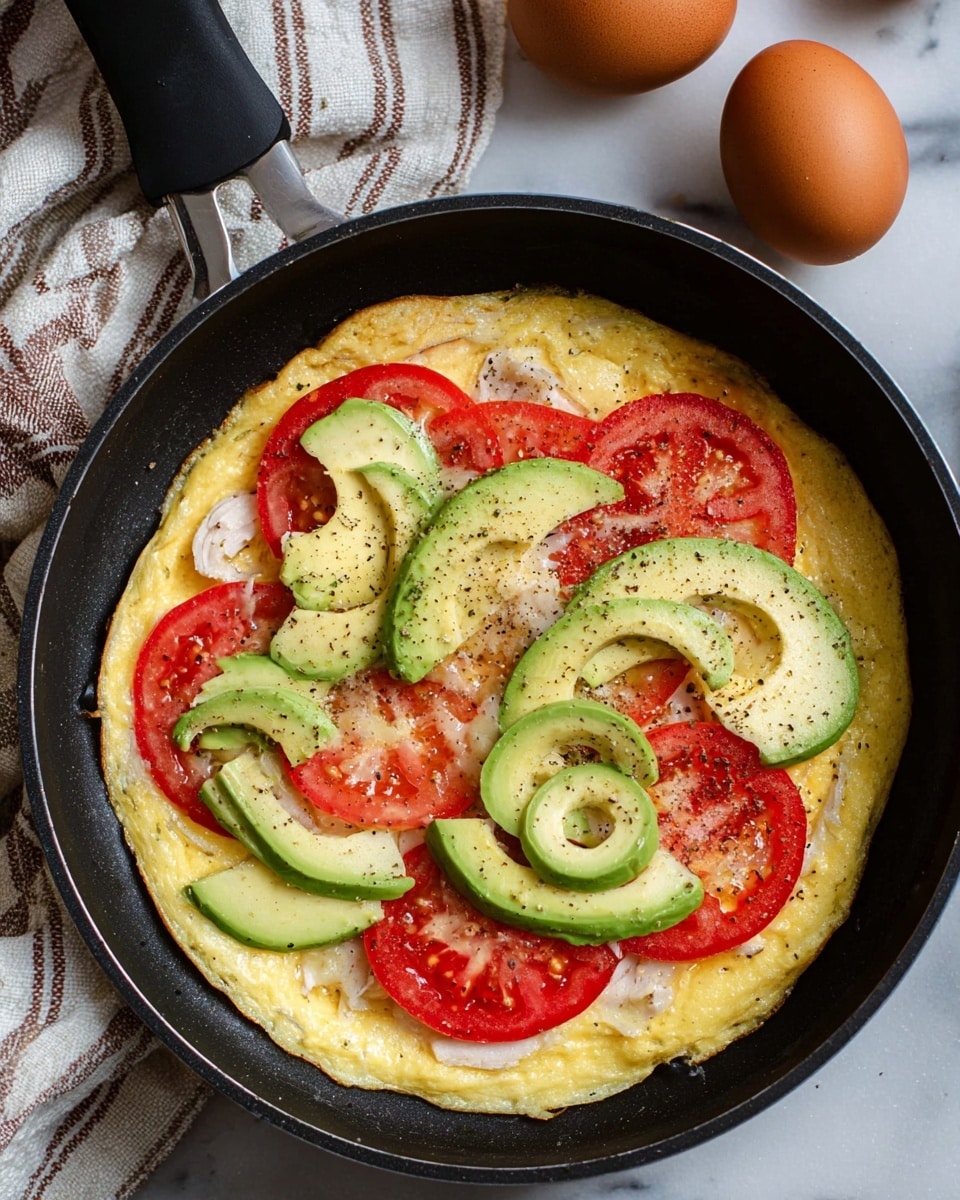 A cooked omelette forms the base layer with a light yellow color and slightly crispy edges in a black pan. On top of it, there is a scattered thin layer of white turkey slices creating a gentle, textured base. The third layer consists of fresh, red tomato slices evenly placed across the omelette, showing their juicy flesh and seeds. Finally, bright green avocado slices with smooth creamy texture are spread on top, some ring-shaped and some solid, lightly sprinkled with black pepper. The pan is set on a white marbled surface with two brown eggs and a striped cloth nearby, and a black spatula is partially visible. Photo taken with an iphone --ar 4:5 --v 7