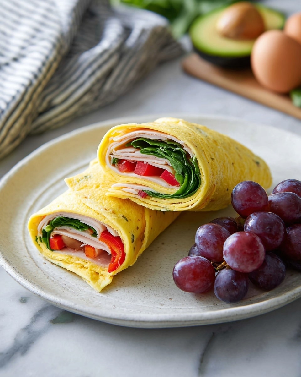 The image shows two rolled wraps placed on a round white plate with a subtle texture. Each wrap has three visible layers: a thin, soft yellow egg layer on the outside, a middle layer of beige turkey slices, and an inside layer of fresh green spinach and bright red bell pepper strips. The wraps are cut diagonally to reveal the colorful inside layers. On the right side of the plate, there is a small bunch of shiny purple grapes. The plate sits on a white marbled surface with blurred eggs, half an avocado, and a striped cloth in the background. Photo taken with an iphone --ar 4:5 --v 7