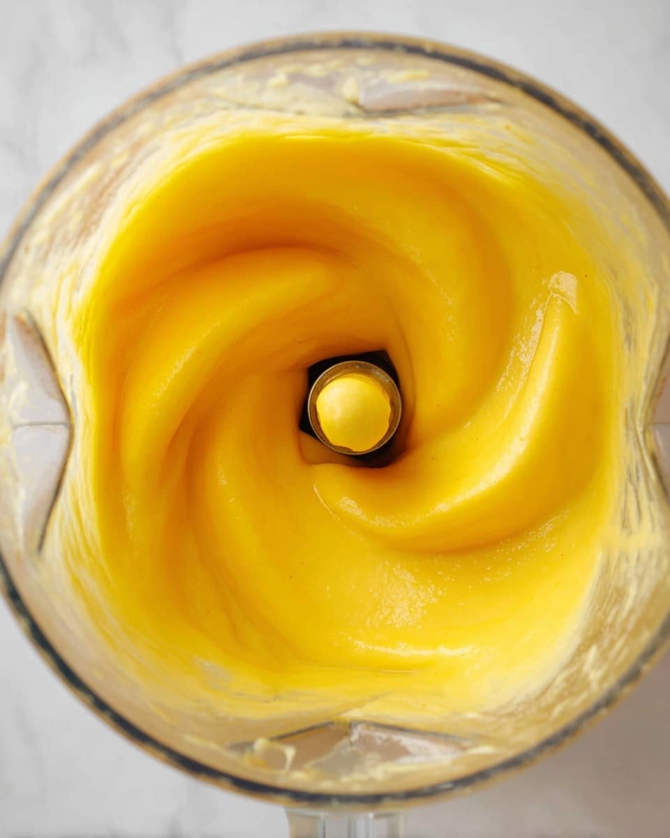 The image shows a blender with a thick, smooth, bright yellow mixture swirling inside. The texture looks creamy and soft, blending evenly around the metal blade in the center of the clear blender jar. The jar is placed on a white marbled surface, highlighting the vibrant yellow color of the blend swirling dynamically in a spiral pattern. Photo taken with an iphone --ar 4:5 --v 7