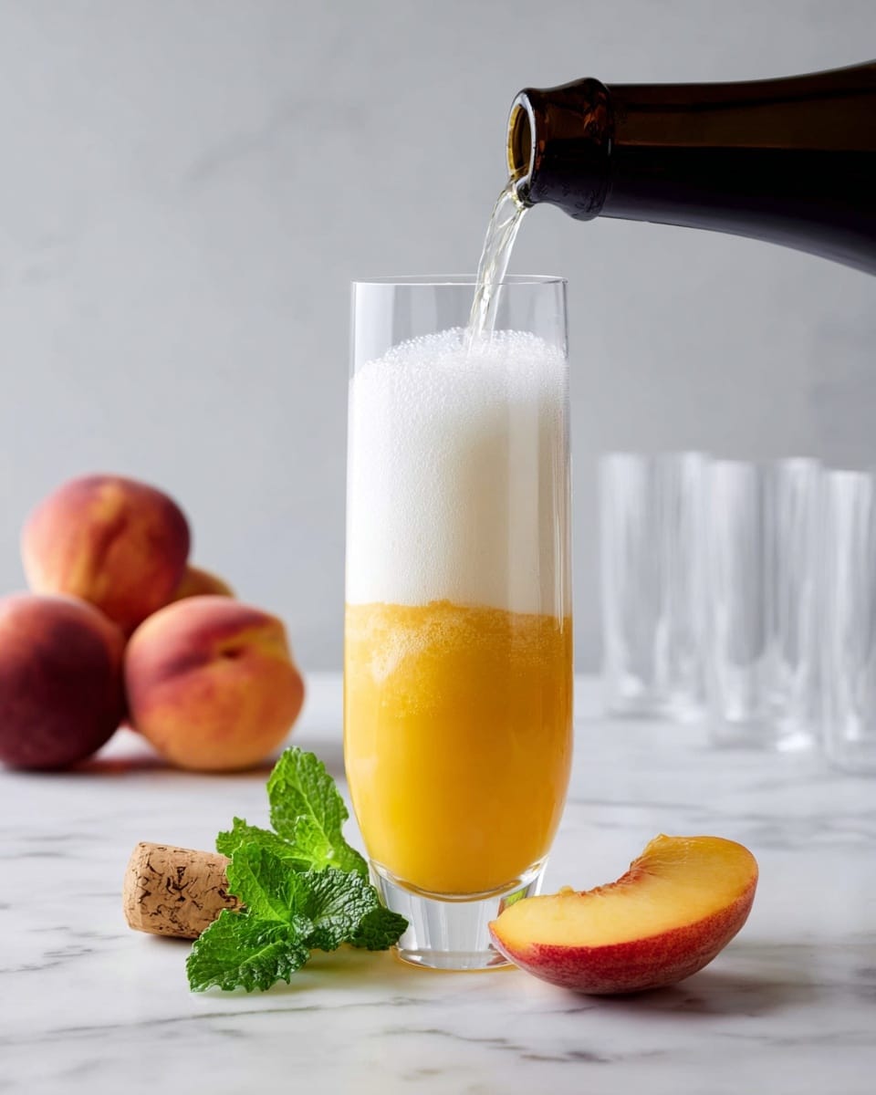 A tall clear glass shows two layers: the bottom layer is thick and orange-yellow with a smooth texture, while the top layer is white foam filling half the glass. Liquid is being poured from a dark bottle into the glass, creating bubbles where the layers meet. On the white marbled surface next to the glass, there is a slice of peach with a reddish edge, a small sprig of green mint leaves, and a cork lying on its side. Blurred in the background are three empty tall glasses and two whole peaches. photo taken with an iphone --ar 4:5 --v 7