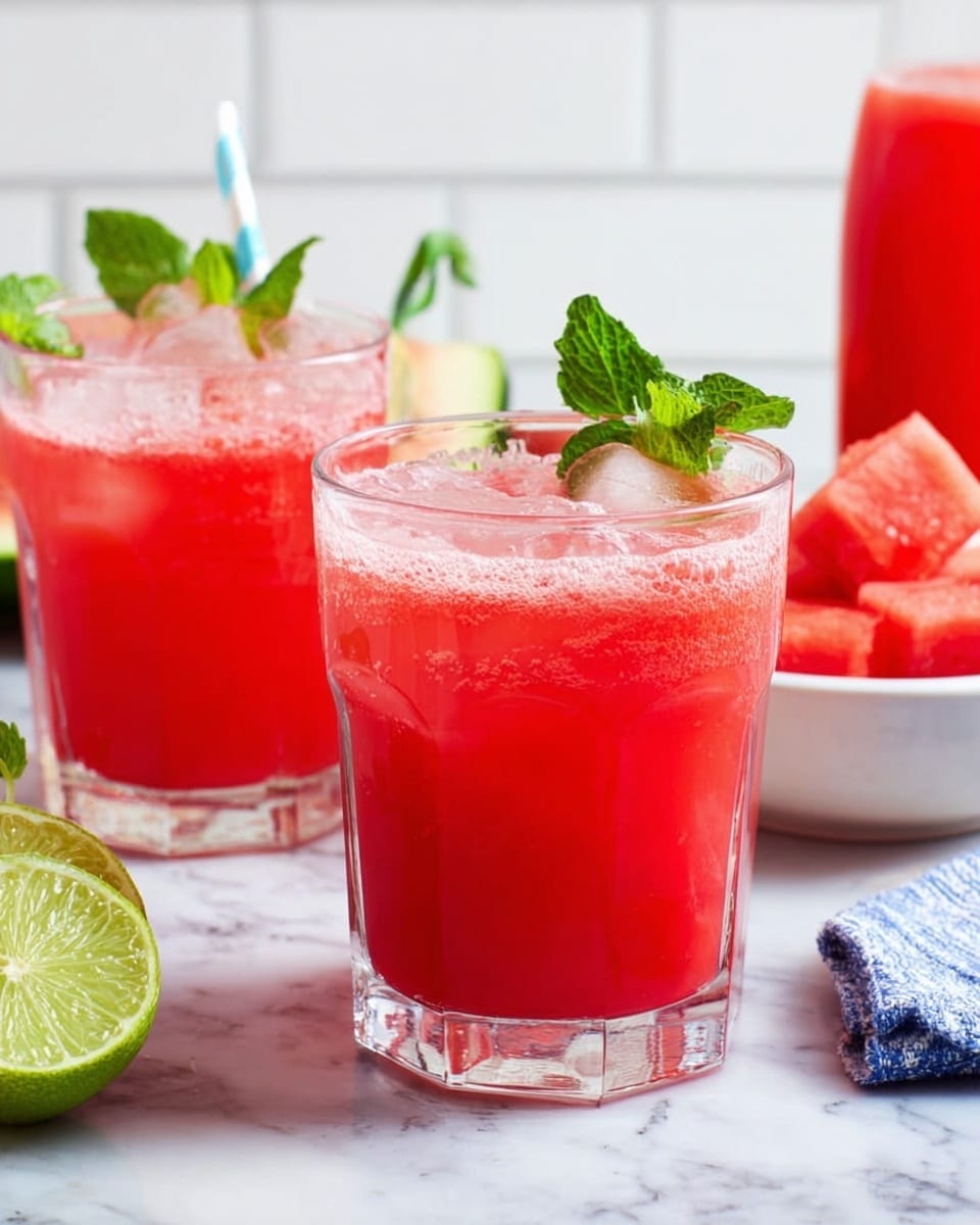Two short clear glasses filled with bright red juice and ice cubes sit on a white marbled surface. The top layer of the drink is lighter with small bubbles, showing freshness. Each glass is garnished with a fresh green mint sprig placed on the rim. To the left, there is a halved lime with a pale green inside and a small white bowl filled with pieces of red watermelon. A red bottle and a blue and white cloth are seen blurred in the background. The scene is bright and clean, with a white tiled backdrop. photo taken with an iphone --ar 4:5 --v 7