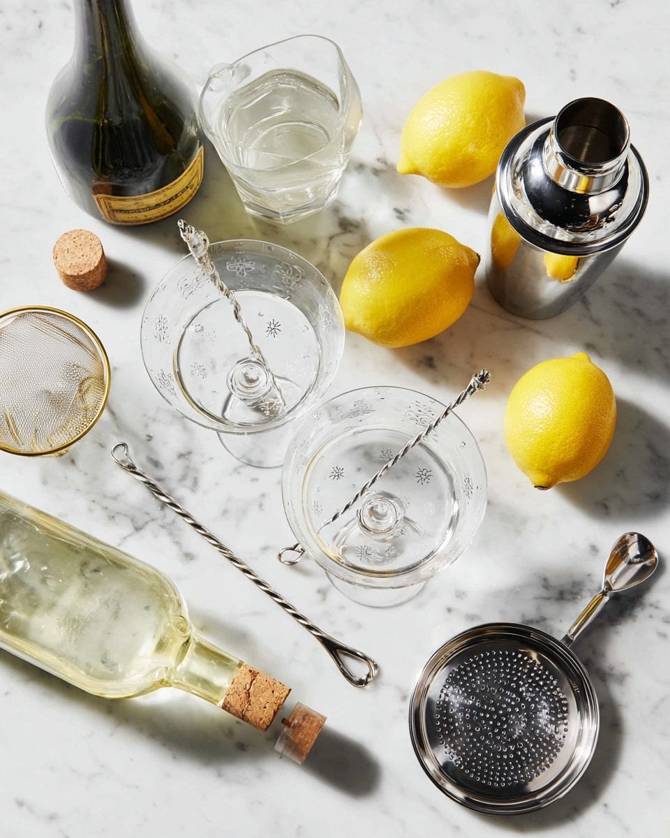 The image shows a flat lay of cocktail-making items on a white marbled surface. There are two clear glass cocktail glasses with small metal stirrers inside, each glass decorated with subtle star patterns. Near them lies a metal cocktail shaker with a perforated lid, and a shiny metal jigger on the right side. Three whole bright yellow lemons are scattered around the setup, along with a vegetable peeler near the top. A glass container filled with clear liquid is on the left side, next to an open wine or champagne bottle with its cork and a small wire cage lying beside it. A bottle of another clear liquid with a wooden cap is also present. The overall scene looks clean and bright, ready for making fresh cocktails. photo taken with an iphone --ar 4:5 --v 7