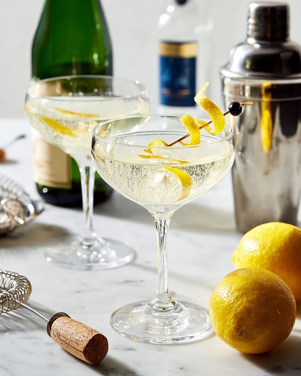 Two clear coupe glasses stand on a white marbled surface, each filled with a light yellow sparkling drink. Inside the drinks, there are small bubbles and twisty thin lemon peels, one lemon peel garnish skewered on a small black cocktail pick resting on the rim of the front glass. Nearby, two whole yellow lemons lie on the surface. Behind the glasses, there is a large green bottle, a clear bottle with a blue label, a silver jigger, a metal cocktail shaker, and a cork with a wire cage. The background is plain white with hints of the white marbled texture. Photo taken with an iphone --ar 4:5 --v 7