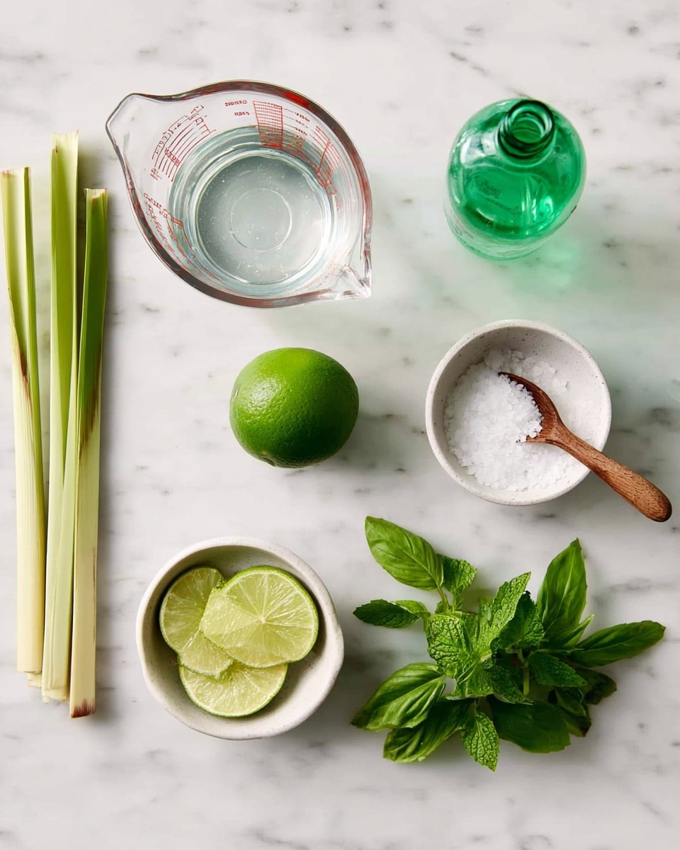 A white marbled surface holds six items arranged in two rows: on the top left is a clear measuring cup with water, next to it are three light green stalks of lemongrass, followed by a whole bright green lime, and a clear green-tinted bottle on the far right. On the bottom left is a small white bowl with lime slices, next to it a white container filled with coarse white salt and a small wooden spoon resting inside, and on the bottom right rests a small bunch of fresh green mint and basil leaves. The image is bright and evenly lit, showing fresh and clean ingredients photo taken with an iphone --ar 4:5 --v 7