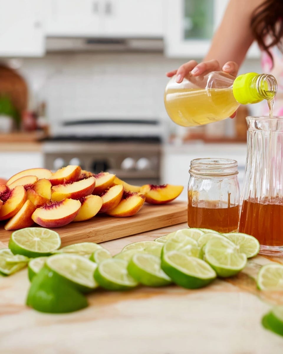The image shows a wooden board on a white marbled surface with layers of sliced green limes in the front, smooth and shiny with light green skin and a pale green inside. Behind the limes, there is a pile of yellow peaches cut into wedges with dark red centers, stacked casually. To the right, a woman's hand is pouring a light yellow liquid from a bottle with a bright yellow cap into a clear glass carafe. Next to the carafe, there is a small clear glass jar filled with a brown liquid. The background shows a bright kitchen scene with a stove and white walls. Photo taken with an iphone --ar 4:5 --v 7