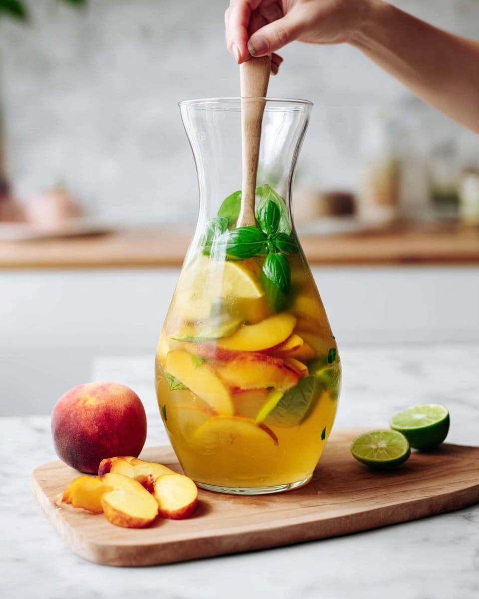 A clear glass carafe filled with a light golden drink, showing several bright yellow peach slices layered mostly at the bottom, with some green lime slices mixed in. Fresh green basil leaves float above the fruit near the top, and a woman's hand is stirring the drink with a light wooden spoon. The carafe sits on a wooden board, surrounded by a whole peach, a lime wedge, and some extra peach slices on the side. The background features a white marbled surface and a blurred kitchen setting. Photo taken with an iphone --ar 4:5 --v 7