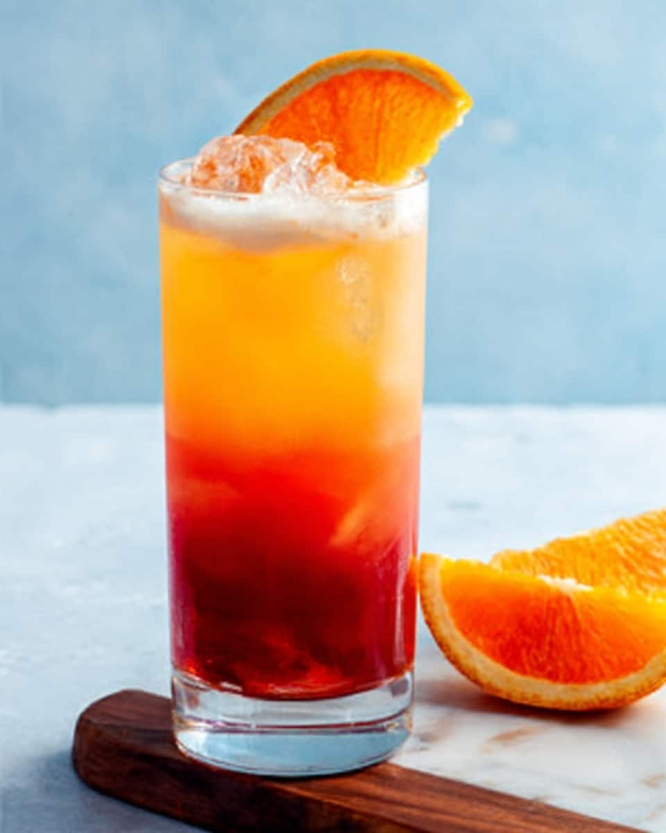 A tall clear glass filled with a layered drink showing a gradient from deep red at the bottom to bright orange at the top, topped by a thick ice cube and an orange wedge resting on the rim. The glass sits on a dark wooden board with another orange wedge nearby, all placed on a white marbled surface with a soft light blue background. photo taken with an iphone --ar 4:5 --v 7