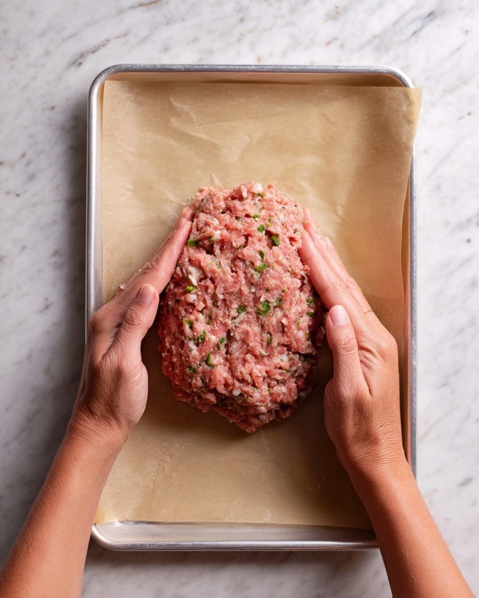 Two woman's hands are shaping a rough, oval-shaped raw meat mixture on a parchment paper-lined baking tray. The mixture is pinkish with bits of green herbs and small white pieces visible, with a soft, textured surface showing slight indentations. The tray sits on a white marbled surface. photo taken with an iphone --ar 4:5 --v 7