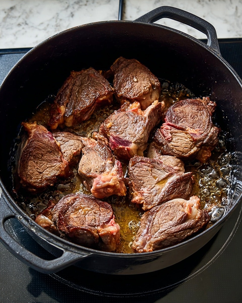 Inside a black cast iron pot, several large pieces of meat are sizzling with a brown color on the outside and some pink areas remaining. The meat pieces are unevenly shaped and spread out evenly inside the pot, with bubbling oil visible underneath them. The pot rests on a stovetop with a glass surface, and the background is a white marbled texture. Photo taken with an iphone --ar 4:5 --v 7