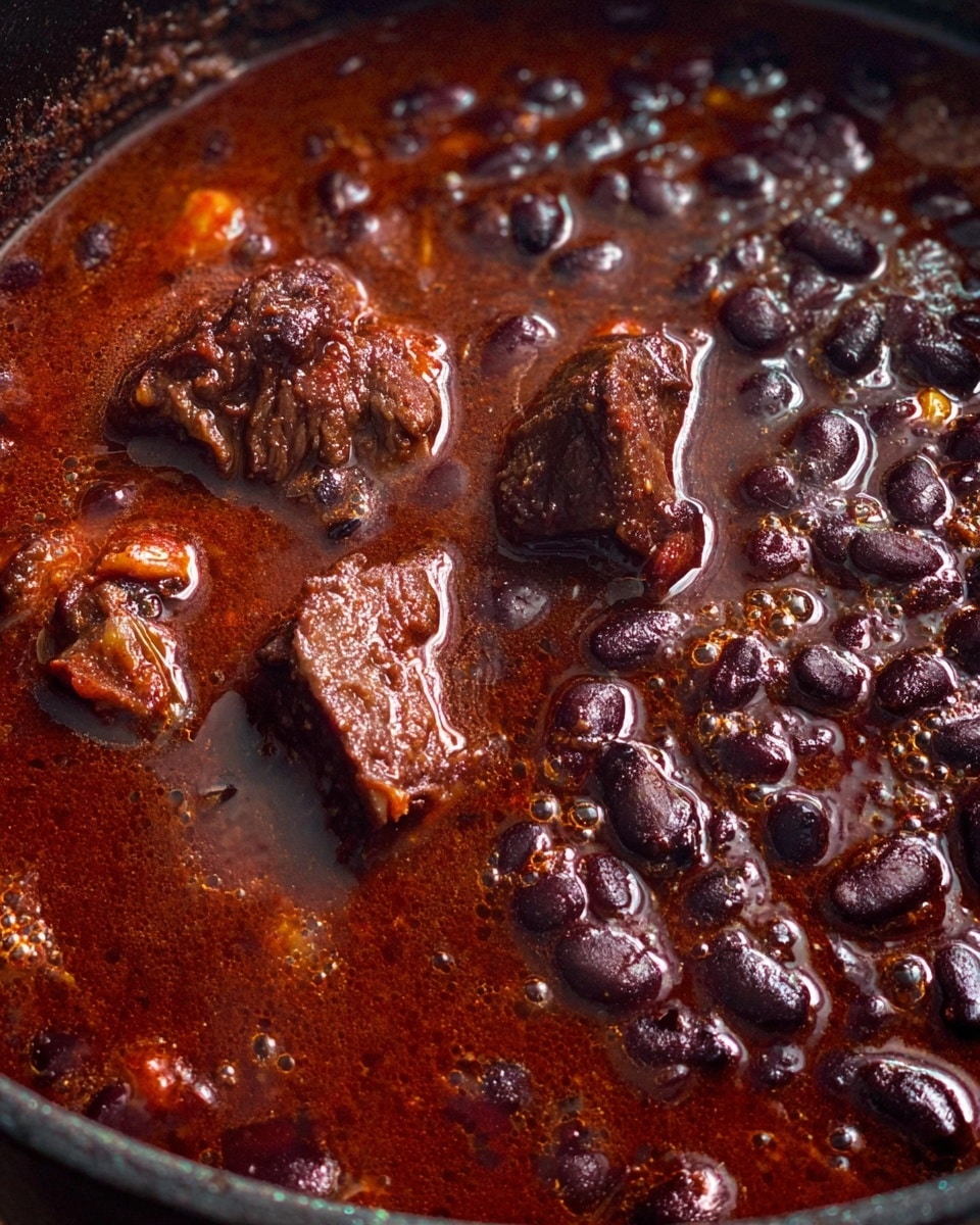 The image shows a close-up view of a thick stew in a black pot, with a rich dark red-brown sauce as the base layer filled with black beans scattered evenly throughout. Large chunks of dark brown meat sit on top, slightly submerged in the sauce, showing a tender texture and some glossy spots from the cooking liquid. The surface has a gently bubbling and oily shine that reflects light subtly. The pot edges are visible around the stew, contrasting with the deep color of the dish. Photo taken with an iphone --ar 4:5 --v 7