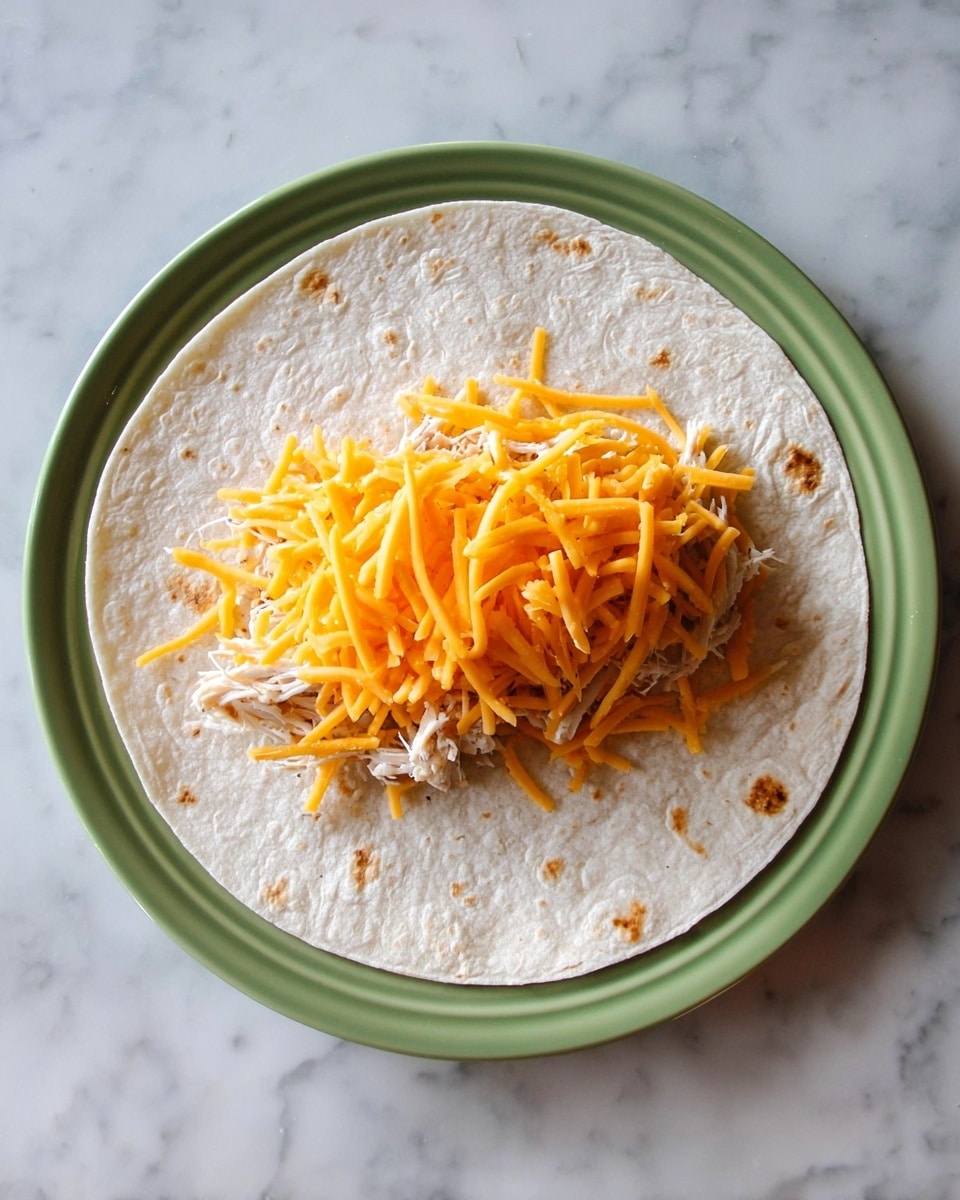 A single round corn tortilla lies flat on a white plate, topped in the center with a layer of shredded white chicken, followed by a layer of shredded orange cheddar cheese. The tortilla shows a slightly rough texture with visible lines and some small brown spots. The white plate contrasts with the food and rests on a white marbled surface. Photo taken with an iphone --ar 4:5 --v 7