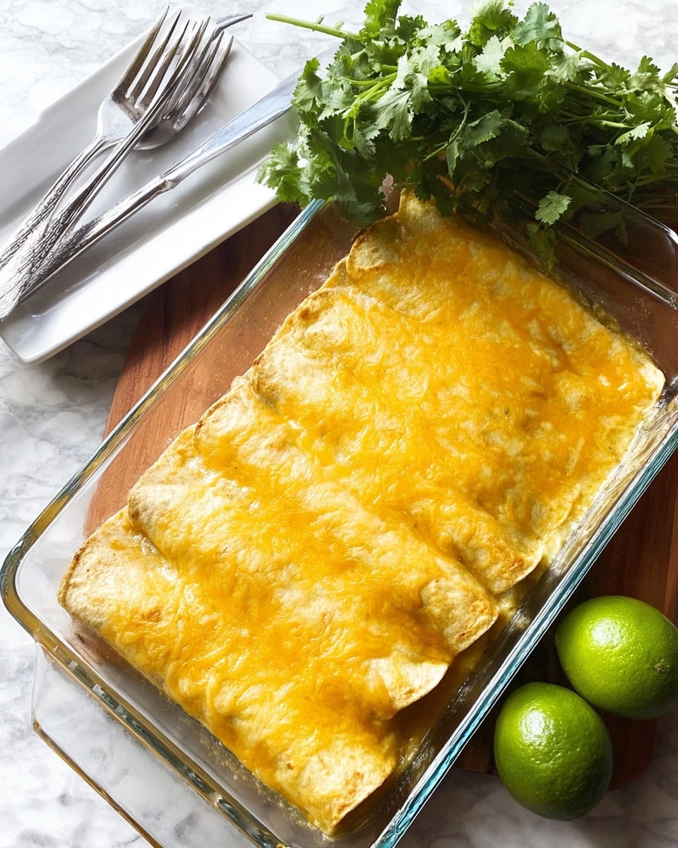 A glass baking dish shows five rolled enchiladas placed side by side, each covered with a melted golden-yellow cheese layer that has a slightly browned, bubbly texture on top. The enchiladas have a soft, smooth surface beneath the cheese, visible at some edges. Nearby, two fresh, bright green limes and a small bunch of green cilantro leaves rest on a white marbled surface. Part of a white rectangular plate with two silver forks is also visible on the same surface, creating a fresh and inviting scene. Photo taken with an iphone --ar 4:5 --v 7