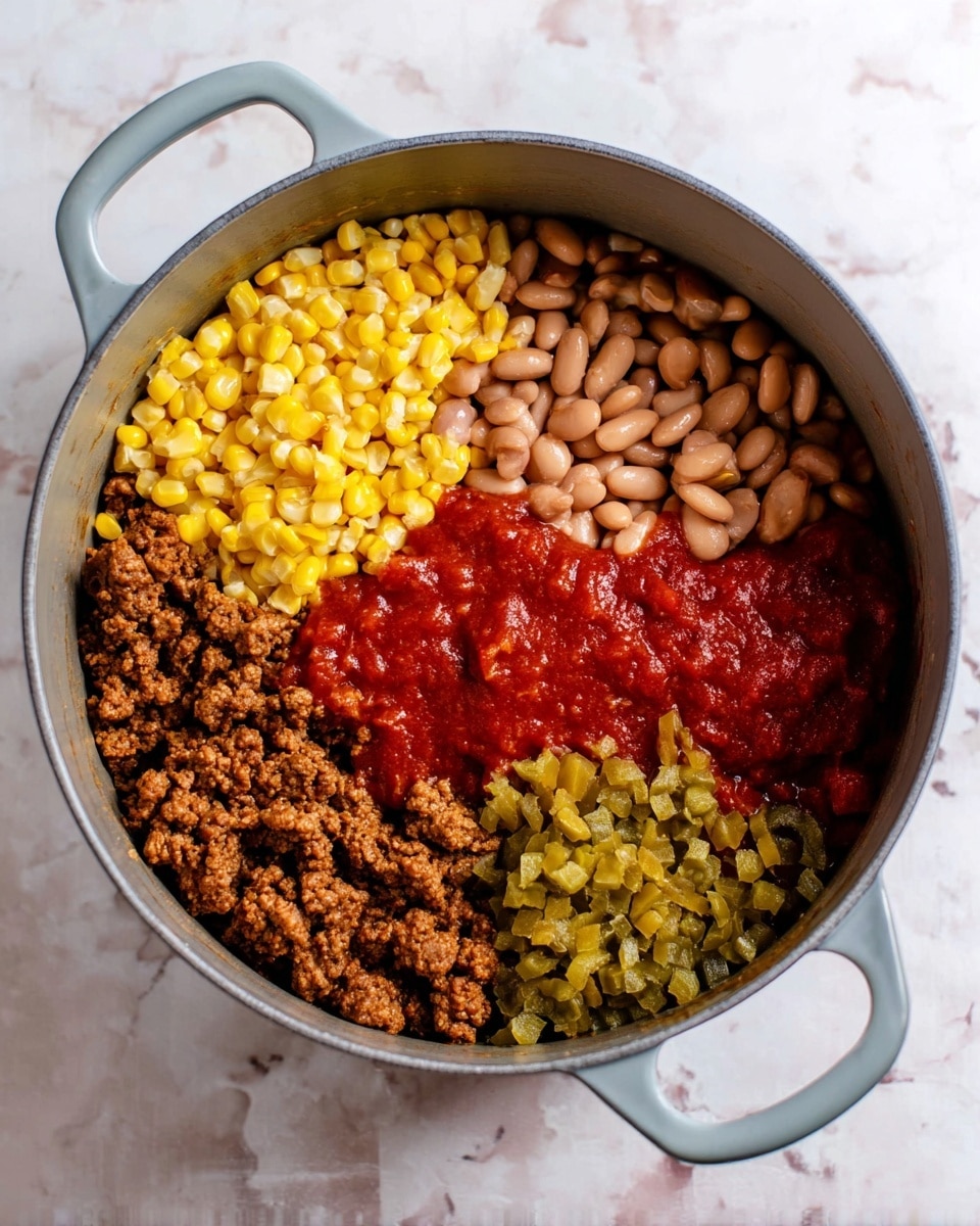 Inside a gray pot with two handles, the layers are arranged in separate sections. The first layer is browned ground meat with a crumbly texture, positioned at the bottom and extending along the sides. On top of this, in four distinct sections, are yellow corn kernels with a soft texture on the upper left, light brown pinto beans with a smooth and shiny look on the lower left, thick deep red tomato sauce with a slightly chunky texture on the upper right, and finely chopped green peppers with a soft, moist appearance on the lower right. The pot sits on a white marbled surface. Photo taken with an iphone --ar 4:5 --v 7