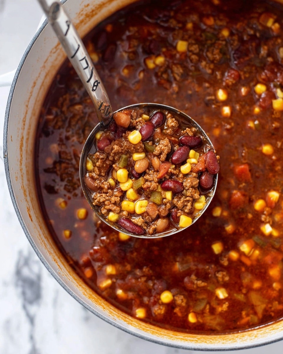 The image shows a close-up of a white pot filled with a thick chili mixture. The chili has three main layers visible: a dark red, watery base filled with small brown ground meat pieces, light yellow corn kernels, and reddish-brown beans. There are also small bits of green vegetables and red tomatoes mixed in. A silver ladle with a black and silver handle is scooping up some of the chili, resting inside the pot. The background is a white marbled surface, and the edges of the pot have some chili splatters inside. photo taken with an iphone --ar 4:5 --v 7