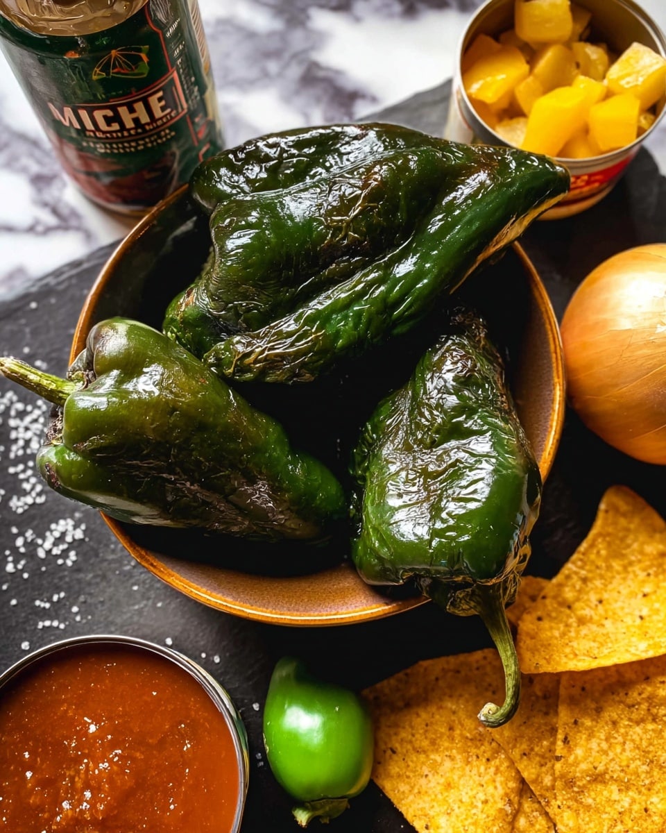 A close-up image showing three large, shiny green poblano peppers with wrinkled surfaces placed in a brown bowl, along with a small round green pepper and a yellow onion next to the bowl. Around the bowl, there are two open cans; one with bright red enchilada sauce and the other filled with yellow chunks that look like diced peppers. In the foreground, there are a few golden brown tortilla chips sprinkled with coarse salt, resting on a dark surface. The background features a white marbled texture that adds light contrast to the composition. Photo taken with an iphone --ar 4:5 --v 7