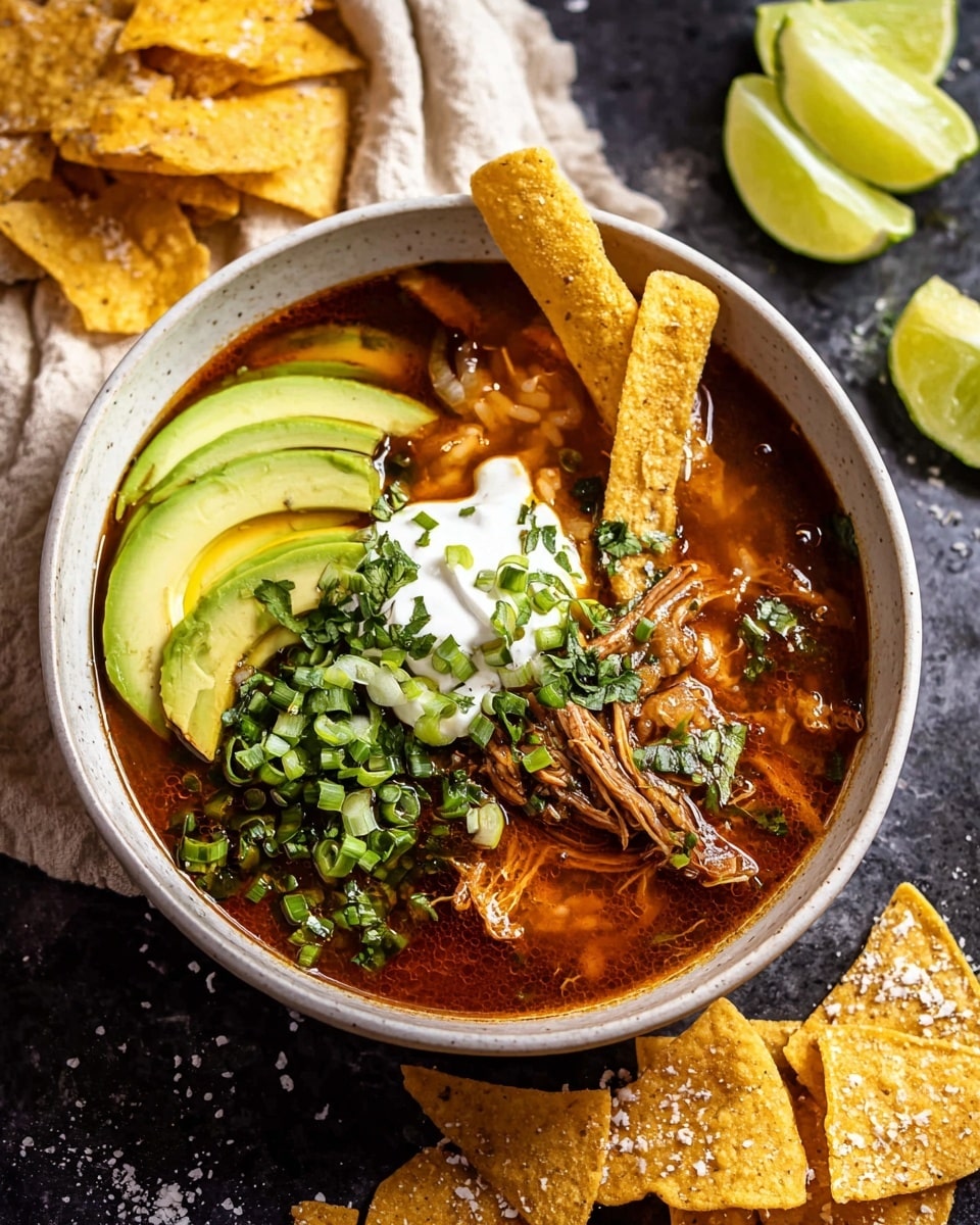 A white bowl filled with thick reddish-brown soup with visible shredded meat and rice at the bottom, topped with light green slices of avocado on the left side, thin bright green chopped scallions in the center, a dollop of white sour cream sprinkled with fresh green cilantro, and two golden brown tortilla chips standing upright on the right side. Around the bowl, there are several more crispy golden tortilla chips sprinkled with coarse salt on a dark surface. In the background, there are three lime wedges and a beige cloth on a white marbled texture. Photo taken with an iphone --ar 4:5 --v 7
