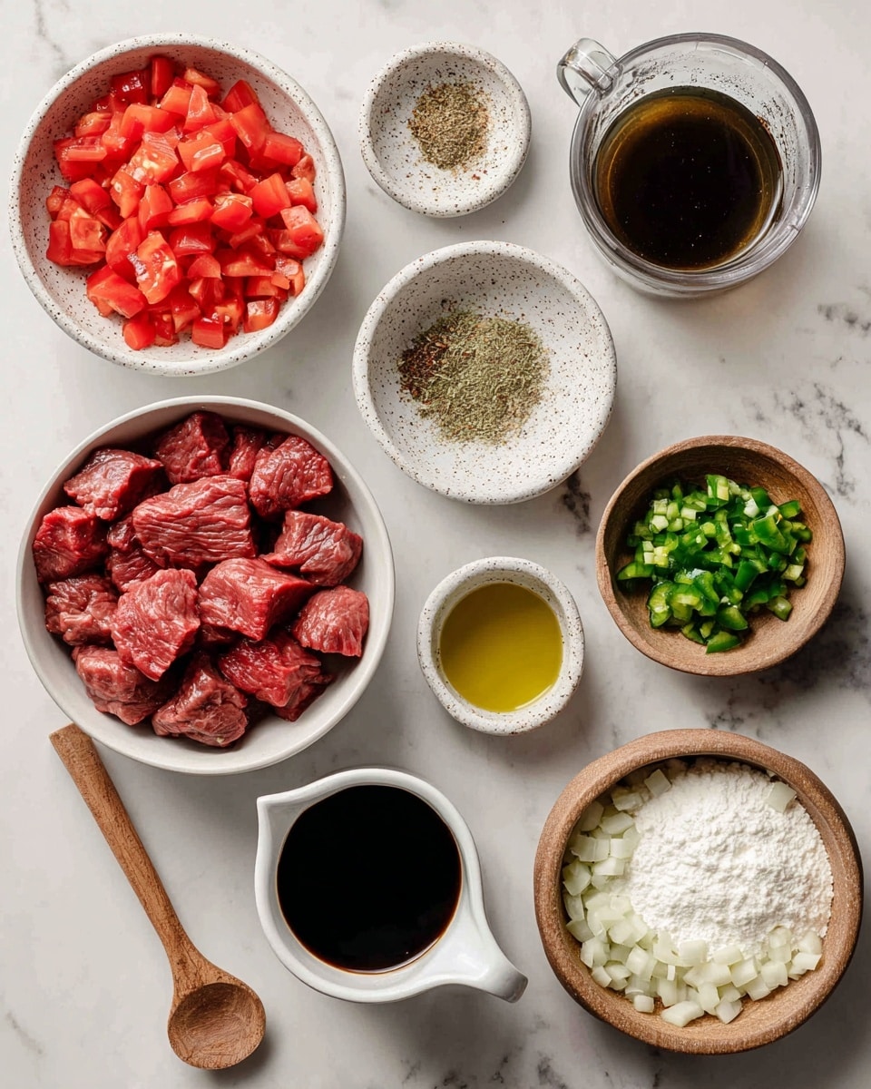 The image shows several white bowls and small dishes arranged on a white marbled surface, each holding different ingredients. At the top left, there is a white bowl filled with red diced tomatoes. Below it, a white speckled dish contains a mix of seasonings with a small wooden spoon resting on it. In the center, a small white bowl holds golden olive oil. To the right, a speckled white bowl contains chopped green jalapeño, and nearby is a small speckled white dish with chopped garlic. A white cup filled with dark soy sauce sits near the center. On the left bottom, a larger white bowl holds raw steak pieces in dark red color. Above the steak, another small wooden dish contains white flour. To the right of the steak, a speckled white bowl is filled with chopped white onion with a small wooden spoon resting inside. Finally, a clear measuring cup with dark broth is placed at the top right corner. Photo taken with an iphone --ar 4:5 --v 7