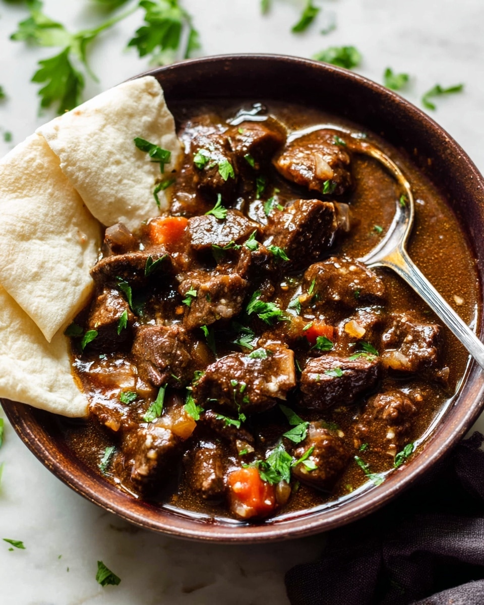 A deep brown bowl with rich beef stew filled with many chunky pieces of dark brown beef mixed with small pieces of orange carrots and translucent onion bits in a thick, glossy brown sauce, garnished with scattered green parsley leaves on top, accompanied by two white tortilla wedges resting on the left side inside the bowl, with a silver spoon on the right side partially submerged in the stew, all set against a white marbled texture surface, with some green parsley leaves scattered around, photo taken with an iphone --ar 4:5 --v 7