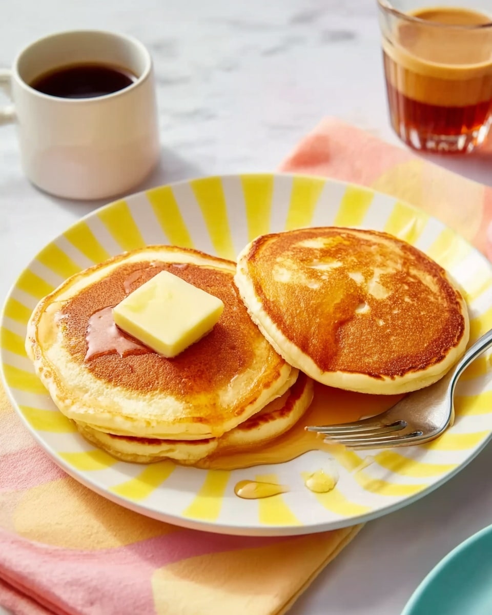 A white plate with yellow stripes holds three thick, fluffy pancakes with a golden-brown color. One pancake is stacked slightly on top of another, with a small square of melting butter resting on it, and shiny syrup glistens around the butter. A silver fork lies on the plate beside the pancakes. In the background, there is a small white cup filled with dark syrup, a glass with a light brown drink, and a soft pink and yellow cloth napkin beside the plate, all on a white marbled surface. Photo taken with an iphone --ar 4:5 --v 7