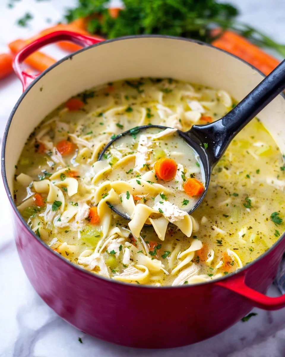 A red pot filled with clear chicken noodle soup showing wide flat egg noodles in creamy yellow broth. The soup has small chunks of white chicken, bright orange carrot slices, and light green celery pieces scattered evenly. A black ladle scoops a portion, holding a mix of noodles, chicken, carrot, and celery, with sprinkled green herbs floating on top. The pot sits on a white marbled surface with some parsley and carrots in the background. Photo taken with an iphone --ar 4:5 --v 7