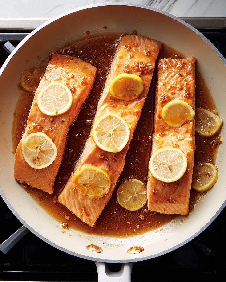 A white frying pan contains four cooked salmon pieces, each topped with a thin lemon slice, arranged with three vertical pieces at the top and one horizontal piece at the bottom. The salmon is covered in a shiny, brown, slightly thick sauce with small bits visible in it. Around the salmon, there are additional lemon slices partially submerged in the sauce. The pan sits on a black stove with a white marbled texture surface visible nearby. photo taken with an iphone --ar 4:5 --v 7