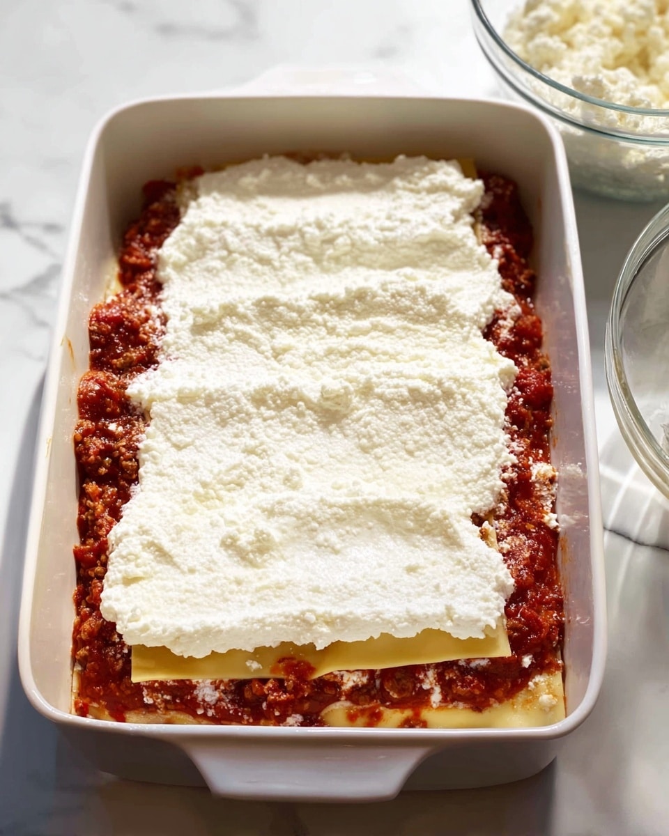 A white baking dish holds a partially assembled lasagna with three visible layers: the bottom layer is chunky red tomato sauce with bits of meat, the middle layer consists of flat, pale yellow lasagna sheets, and the top layer is thick white ricotta cheese spread evenly, covering most of the dish. The dish is set on a white marbled surface, with a glass bowl containing more white cheese visible to the right. Photo taken with an iphone --ar 4:5 --v 7