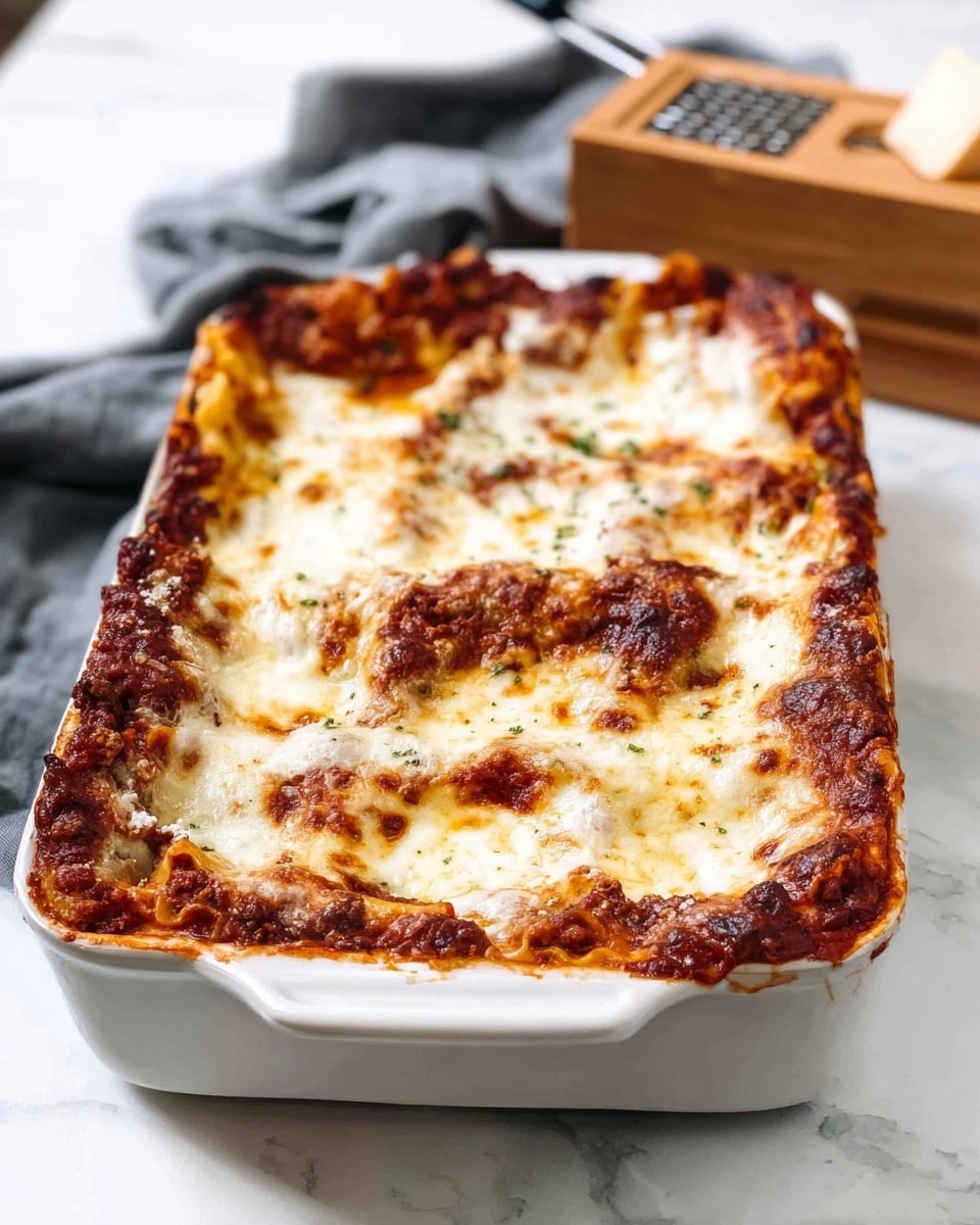 A white rectangular baking dish filled with lasagna that has many layers including a rich red-brown meat sauce, smooth white cheese, and golden browned melted cheese on top. The top layer is bubbly with some darker brown spots from baking. The edges show a mix of crispy browned cheese and sauce. The dish is placed on a white marbled surface, with a wooden cheese grater box and a gray cloth blurred in the background. photo taken with an iphone --ar 4:5 --v 7