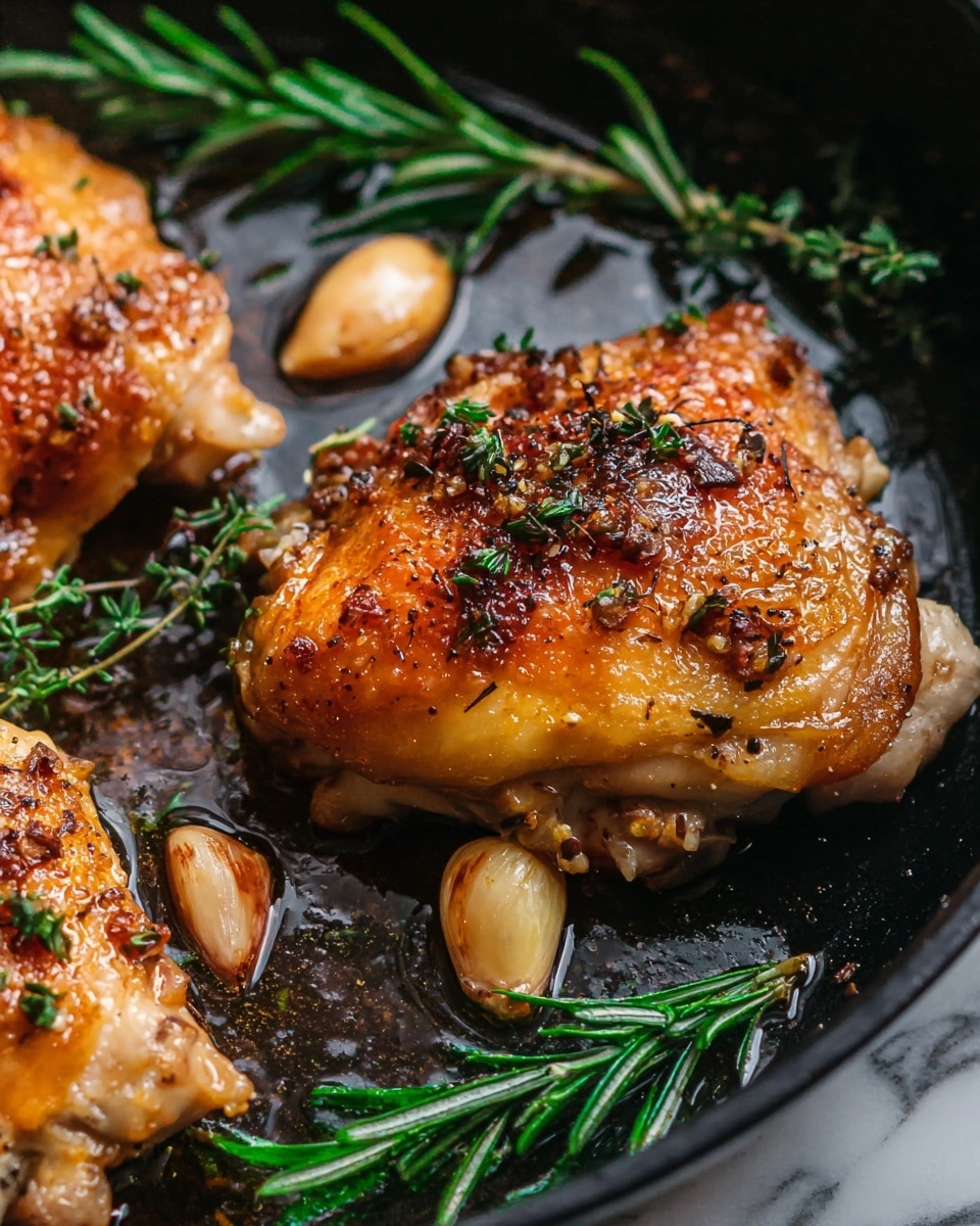 The image shows two pieces of crispy golden brown cooked chicken thighs with a slightly darkened top layer from seasoning and cooking. The chicken is garnished with small green herbs and dried herbs scattered on the skin. Around the chicken pieces are whole garlic cloves with a light brown color and fresh green rosemary sprigs. The chicken and garnishes sit in a shiny black pan with some oil and cooking juices, creating a rich and textured look. The background has a white marbled texture. photo taken with an iphone --ar 4:5 --v 7