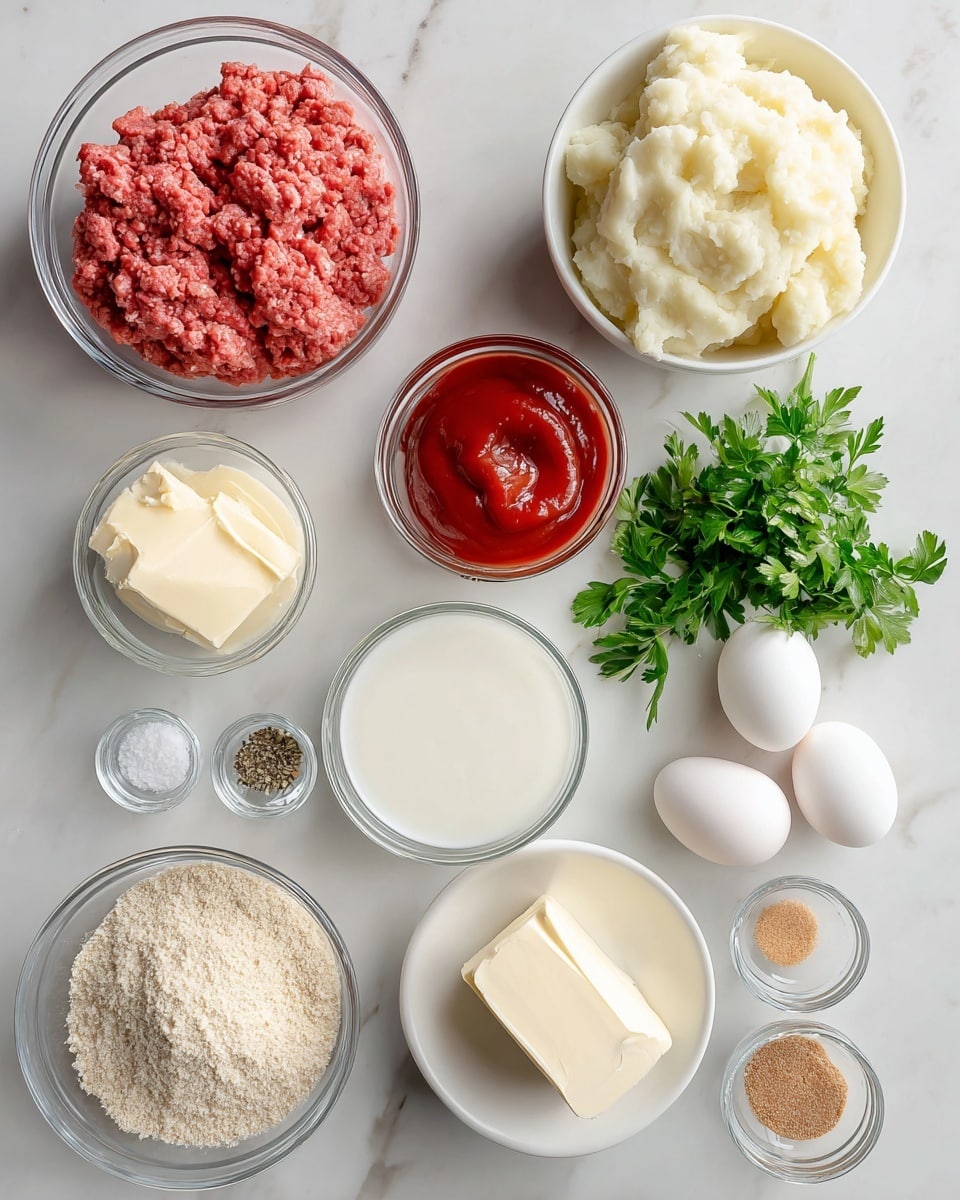 The image shows ingredients for a dish arranged on a white marbled surface, each in clear or white bowls. Starting from the top center, there is a clear glass bowl with pink ground beef showing a soft, moist texture. To its right, a white bowl holds fluffy, creamy white mashed potatoes. Below the potatoes, a smaller white bowl contains thick, shiny red ketchup. Next to it is a small clear bowl filled with bright green fresh parsley leaves. Below the parsley is a white stick of butter in paper wrapping, slightly soft. In the center is a small clear bowl with white milk. To its left is a clear bowl filled with light beige bread crumbs, coarse and grainy. Above that is a small clear bowl with light brown soft packed brown sugar. Near the bottom left, two small clear bowls hold fine white salt and coarse black pepper. There are also three whole white eggs placed plainly near the salt and pepper. All the items are spaced evenly, showing their colors and textures clearly. photo taken with an iphone --ar 4:5 --v 7