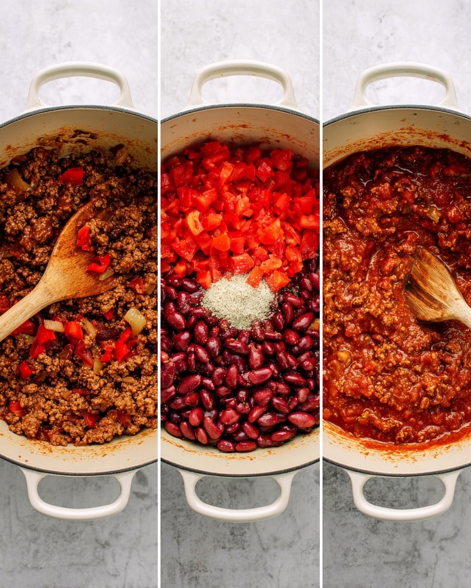 A white pot is shown in three stages of cooking chili on a white marbled surface. The first stage shows a wooden spoon stirring a mixture of browned ground meat, small red bell pepper pieces, and diced onions, all with a rich, cooked texture and brownish-red color. The middle stage shows the white pot filled with three new layers: bright red chopped tomatoes on the left, dark red kidney beans clustered on the right, and a small pile of white granulated seasoning in the center, all over a red tomato sauce base. The final stage has the ingredients combined and cooked into a thick, textured chili with evenly mixed ground meat, beans, and peppers forming a reddish-brown, hearty layer, with the wooden spoon placed inside the pot deep in the chili. Photo taken with an iphone --ar 4:5 --v 7