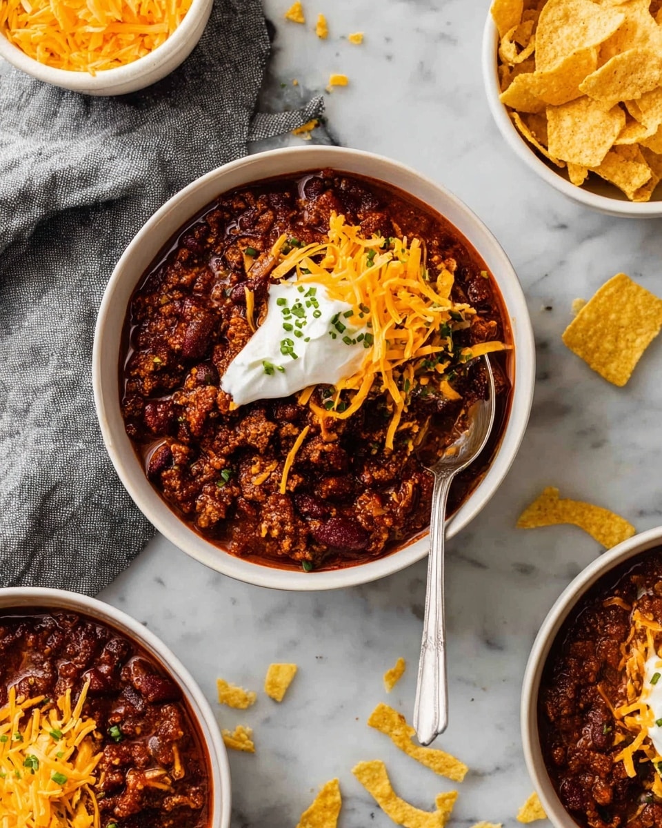 A white bowl filled with thick, dark reddish-brown chili topped with bright orange shredded cheese and a dollop of white sour cream, sprinkled with yellow crispy crushed chips. A silver spoon rests inside the bowl. Around it are scattered pieces of crushed chips and shredded cheese on a white marbled surface. Nearby, another bowl contains more cheese, and part of a white bowl filled with yellow chips is visible. A gray cloth napkin lies to the left with more scattered cheese. Photo taken with an iphone --ar 4:5 --v 7
