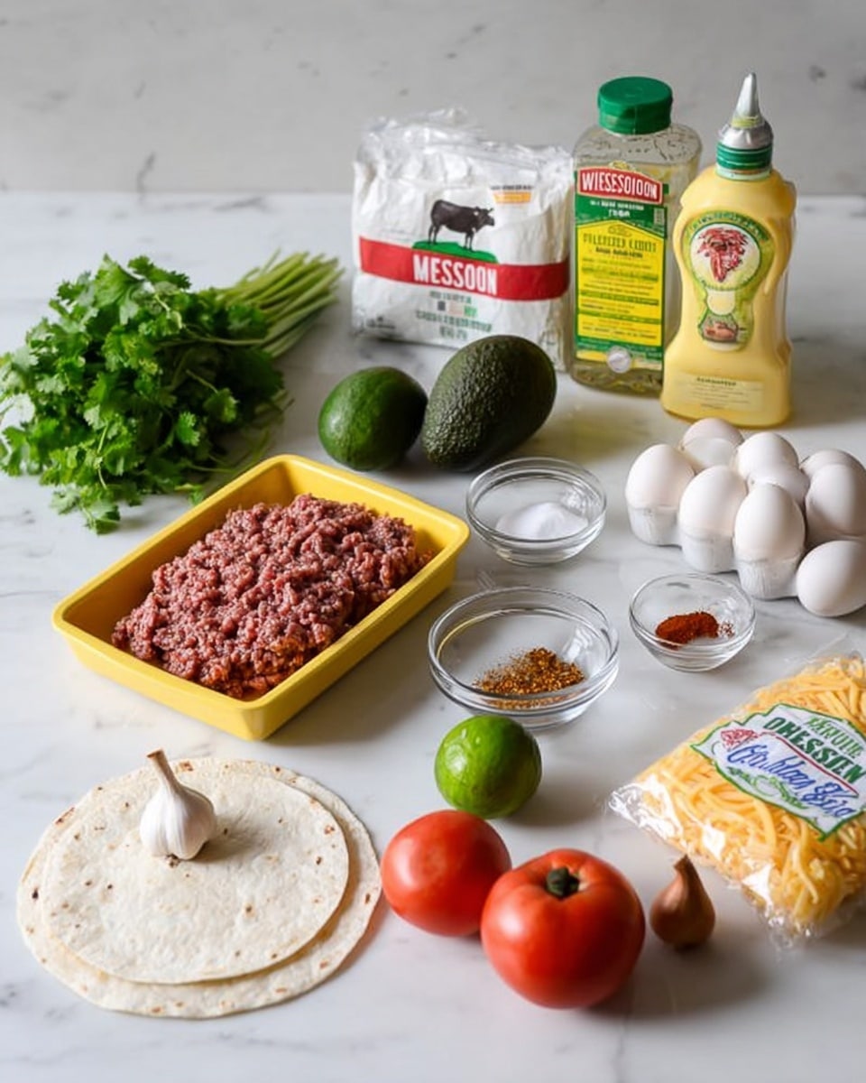 This image shows a white marbled countertop with several ingredients neatly placed on it. At the front left side, there is a bunch of fresh green cilantro next to a pack of white flour tortillas with a red, green, and white logo on the packaging. In front of the tortillas, there is a yellow tray filled with raw ground meat. Moving to the center, there is a whole dark green avocado, a fresh green lime, and a small glass bowl with a brown spice, next to another small glass bowl with red spice. In front of the bowls, there is a small shallot and a clove of garlic. To the right side, there are three fresh red tomatoes still on the vine, a white bowl with salt, and three brown eggs. On the far right side, there is a white bag of shredded organic Monterey Jack cheese with an image of a cow on the label, and in the back center, a clear bottle of Wesson vegetable oil with a yellow label is visible. A single green jalapeño pepper rests in front of the eggs. All ingredients are well spaced on the white marbled surface and the background is white marbled tile. photo taken with an iphone --ar 4:5 --v 7